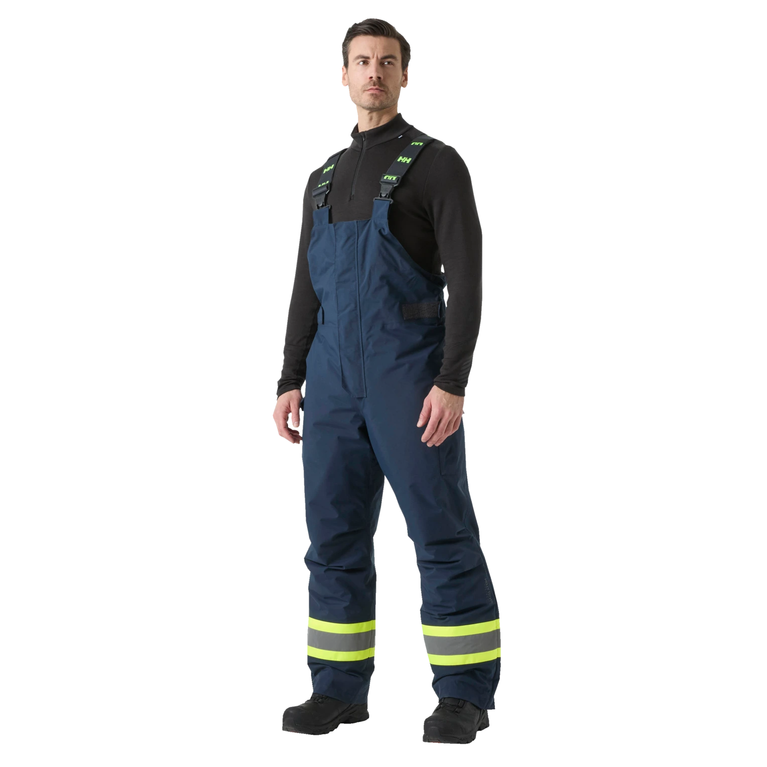Male model wearing Helly Hansen Alna Tundra hi-vis bib