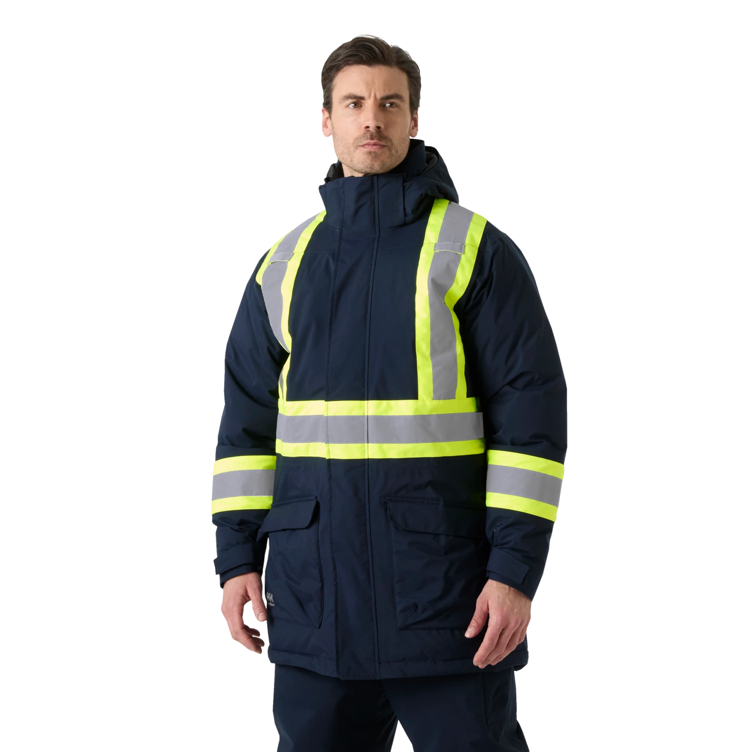 Male model wearing Helly Hansen Alna Tundra hi-vis parka