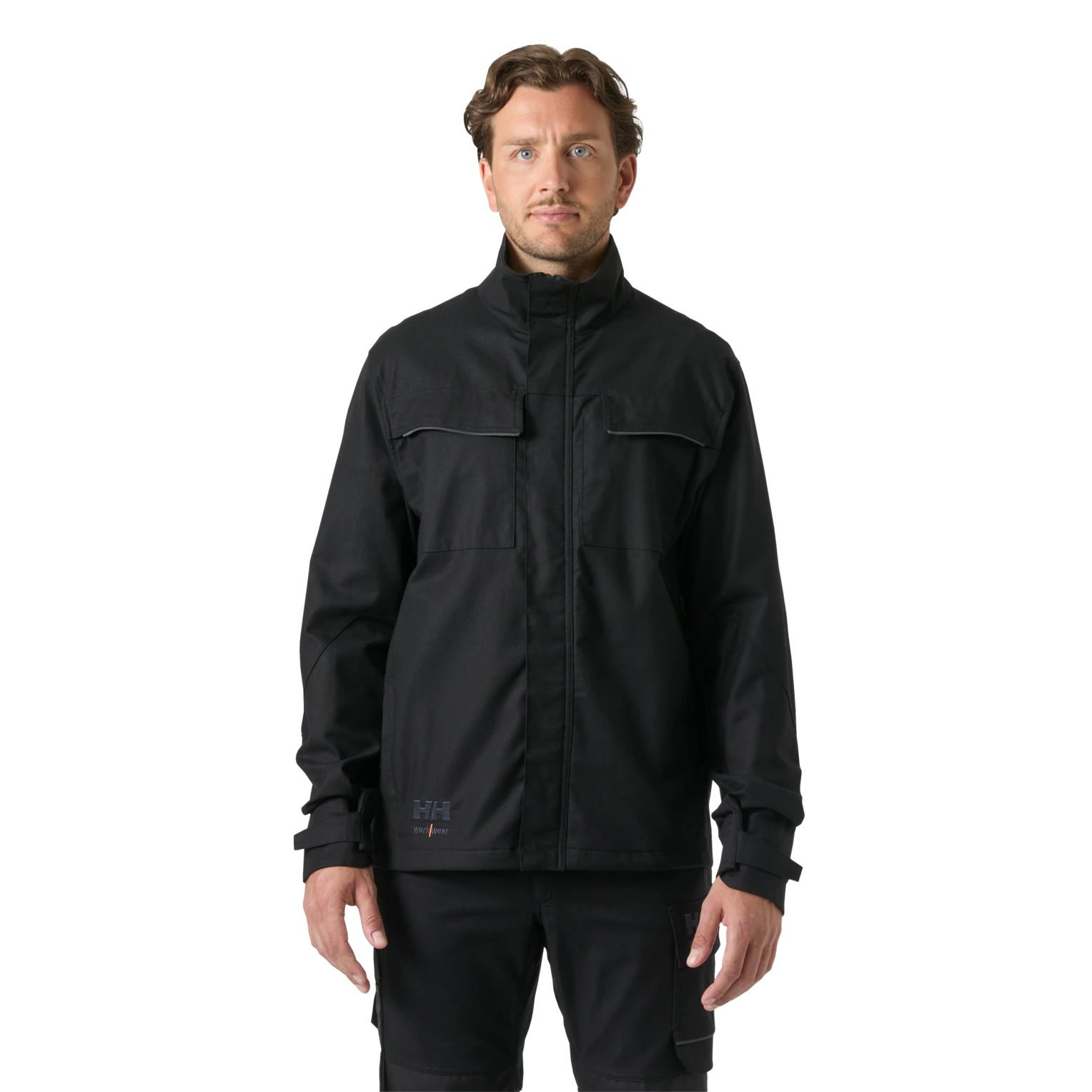 Male model wearing Helly Hansen Oxford black work jacket front