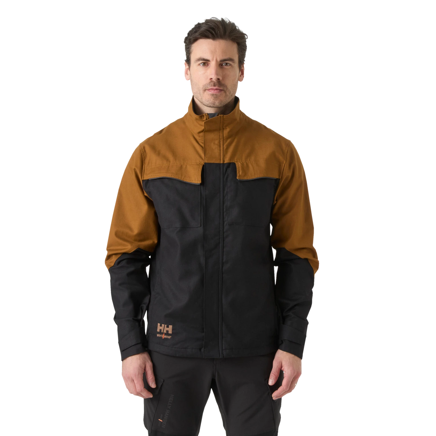 Male model wearing Helly Hansen Oxford brown black work jacket