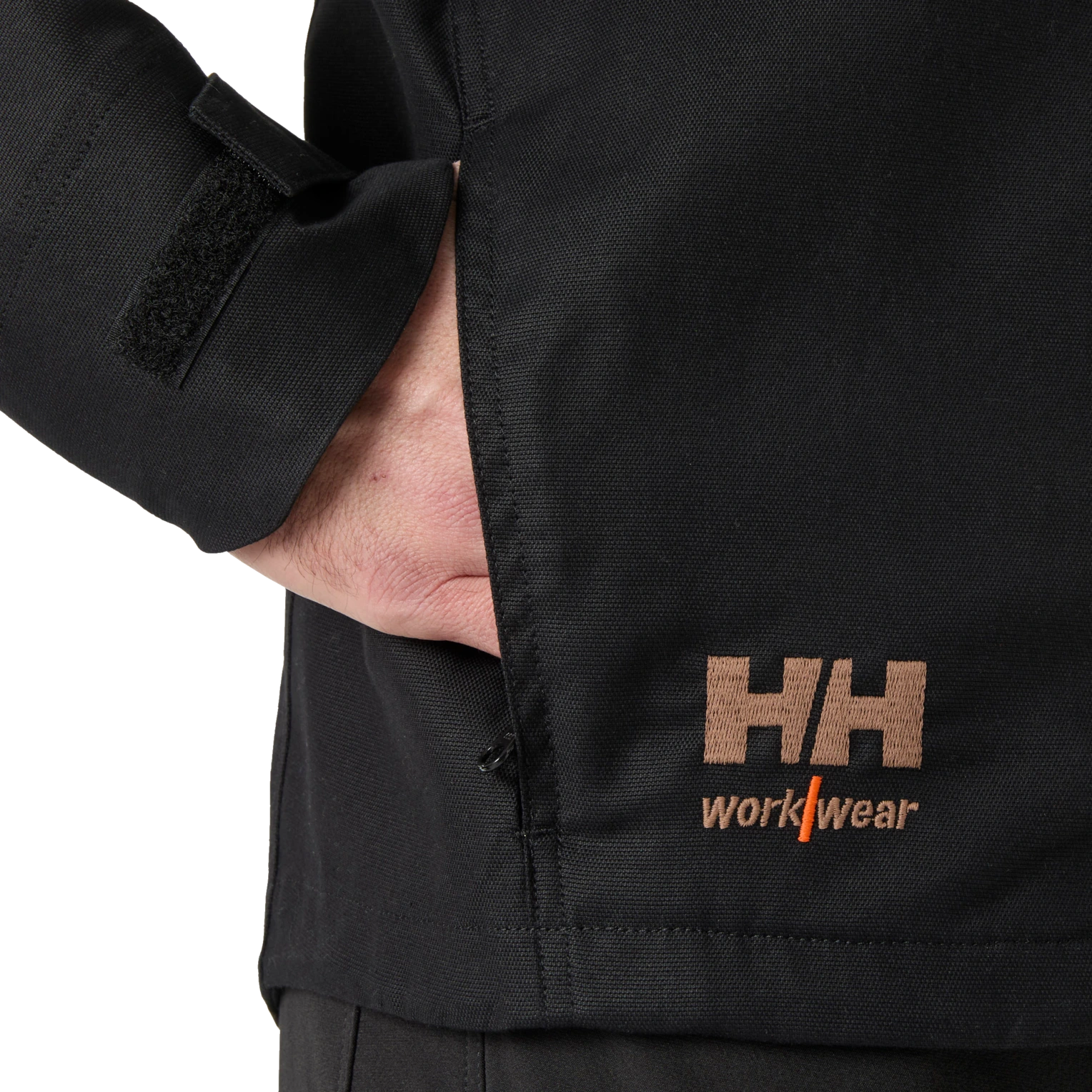 Close-up of Helly Hansen Oxford work jacket branded logo detail