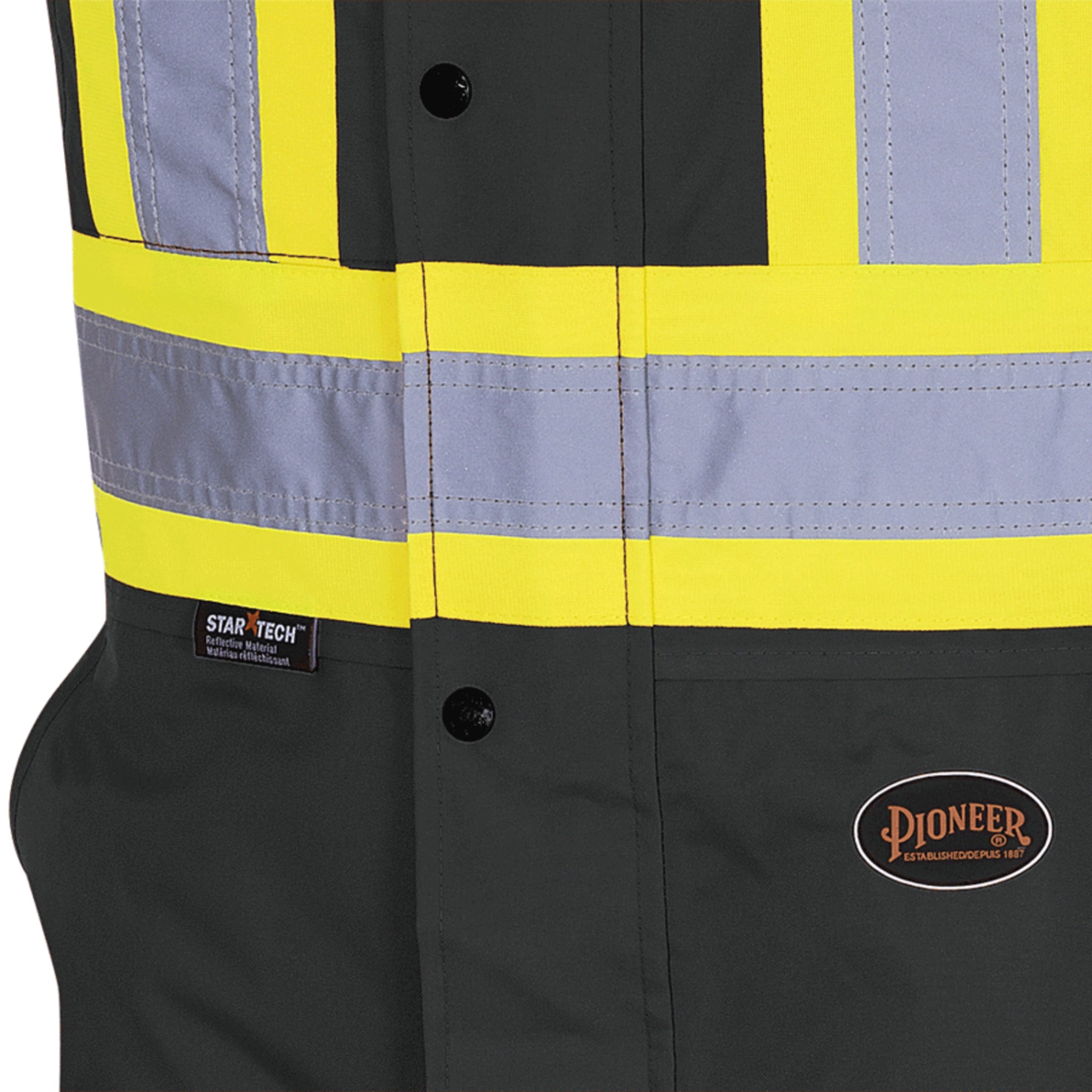 Hi vis insulated bib overalls front with reflective tape and Pioneer logo