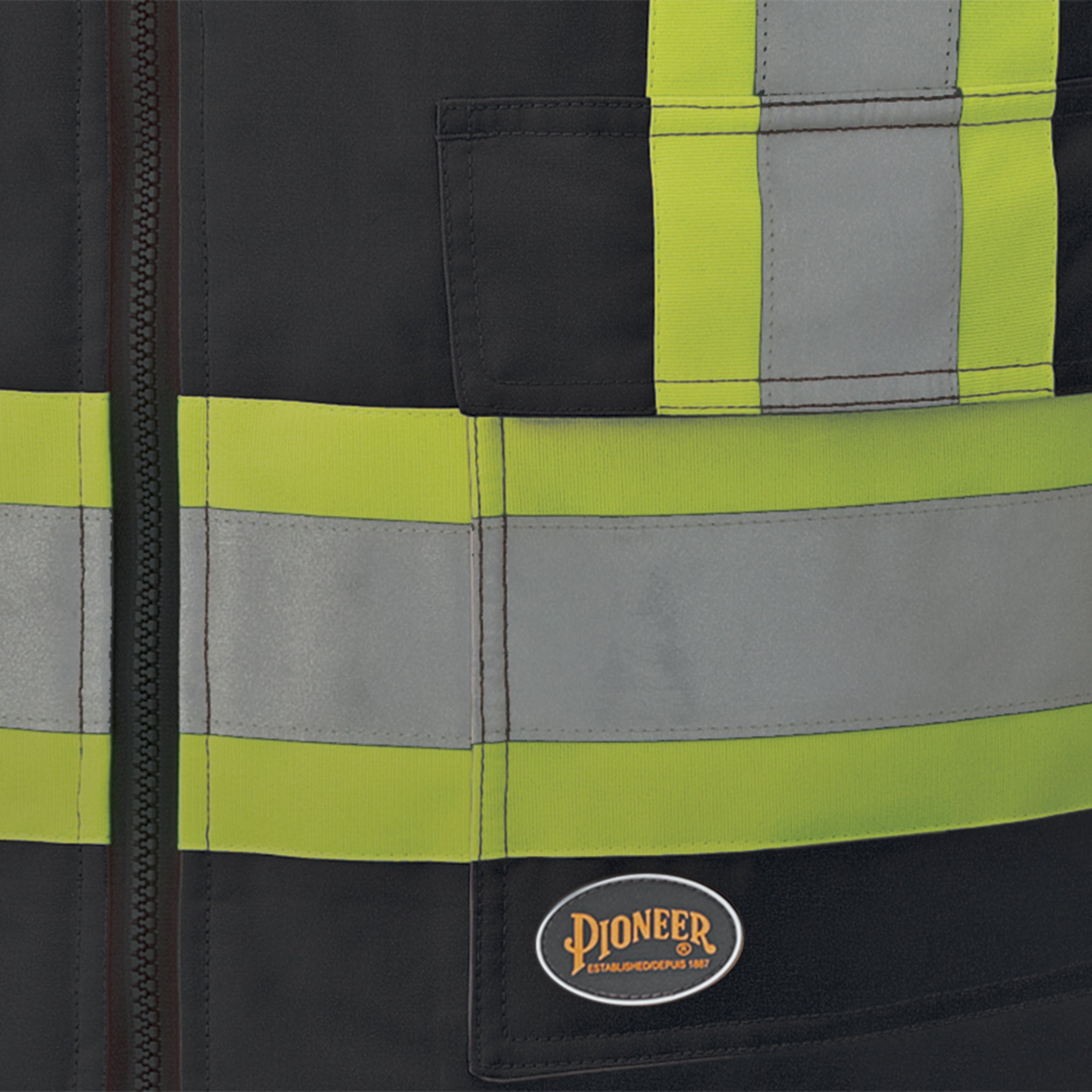 Back view of hi vis work bomber with horizontal reflective stripes