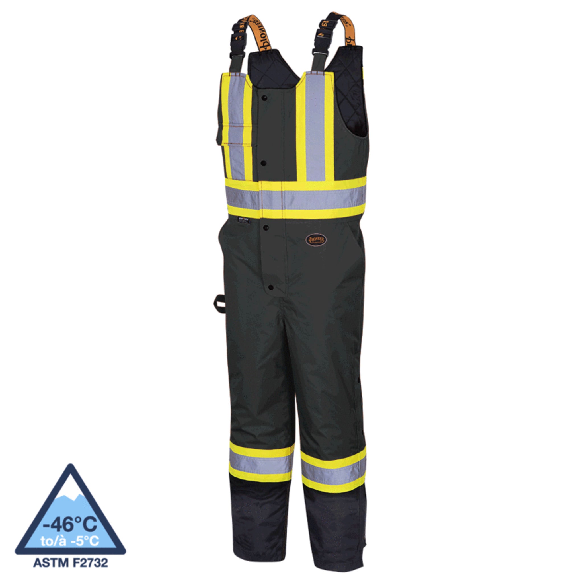 Men’s hi vis insulated bib overalls front view with reflective safety tape