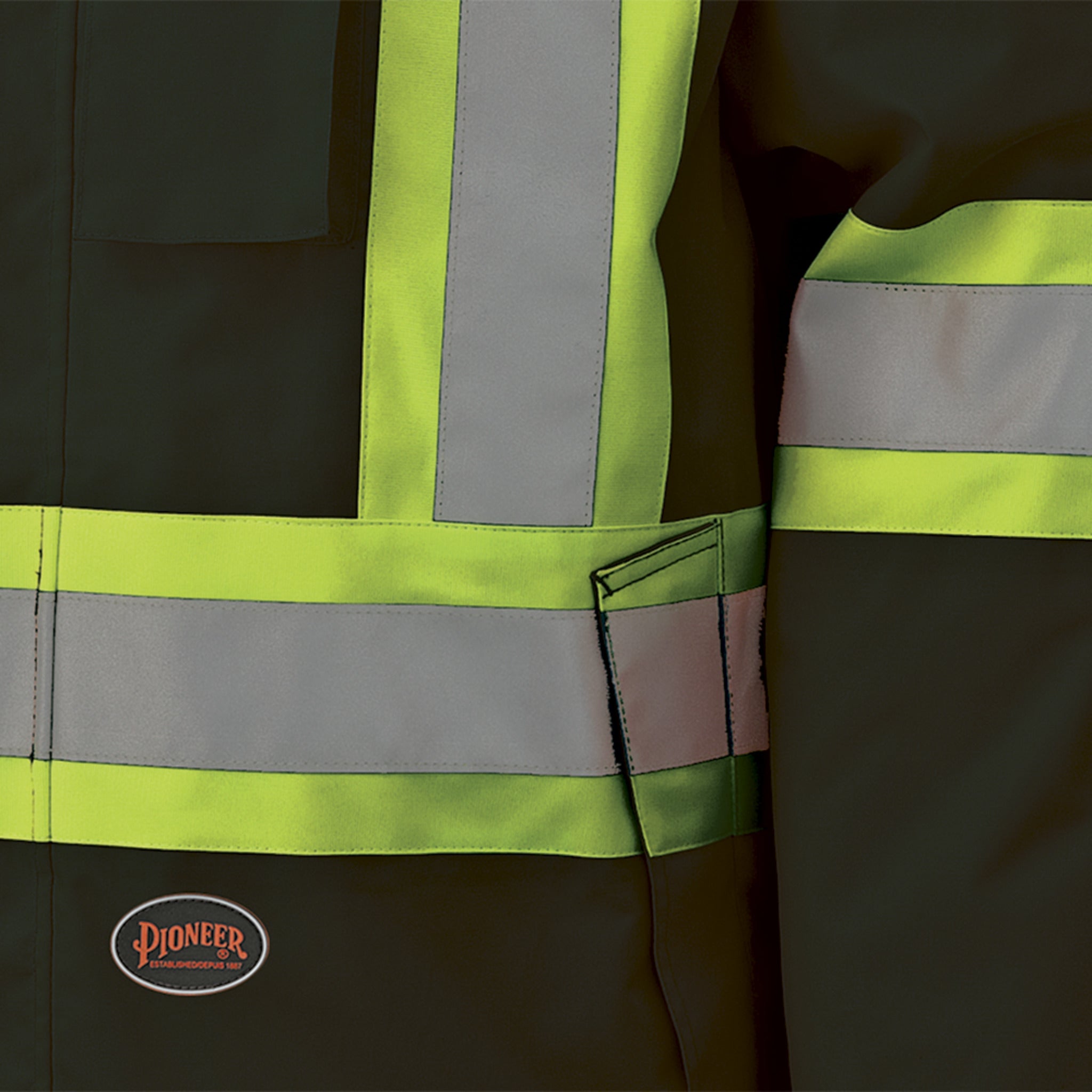 Close up of hi vis reflective safety stripes on work jacket