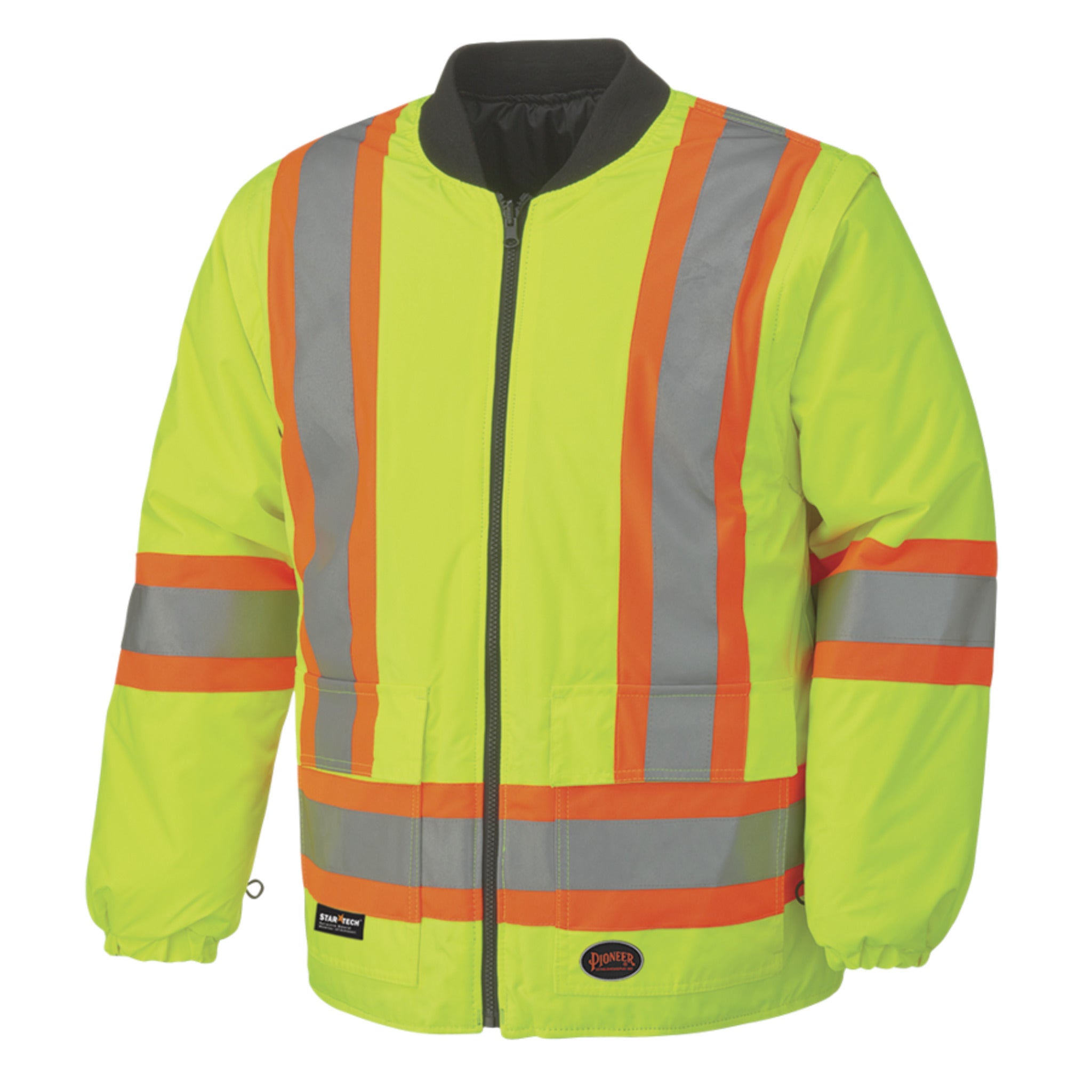 Front view of hi vis winter work bomber with reflective stripes