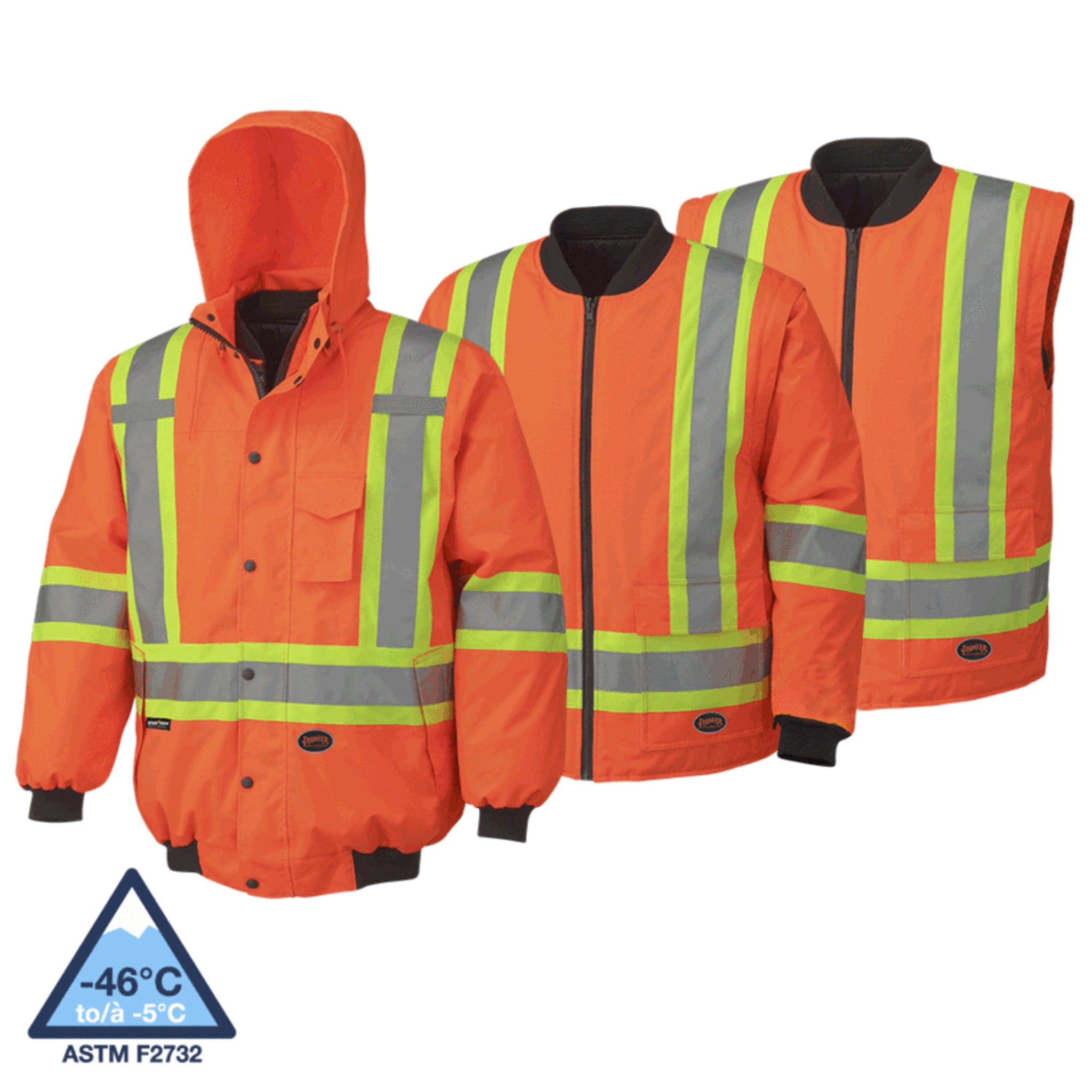 Orange hi vis winter work bomber jacket with reflective stripes and hood