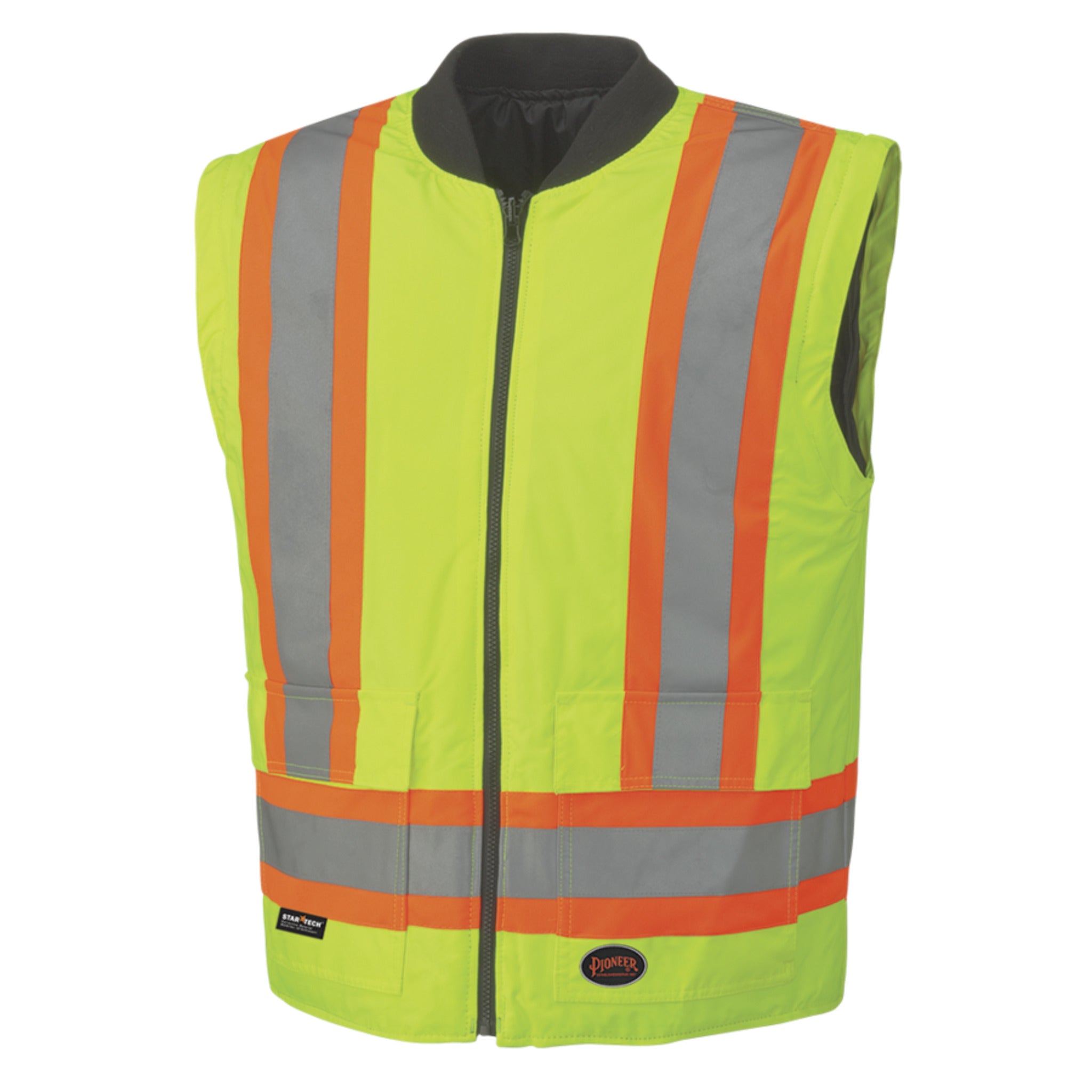 Hi vis winter work safety vest with vertical and horizontal reflective stripes