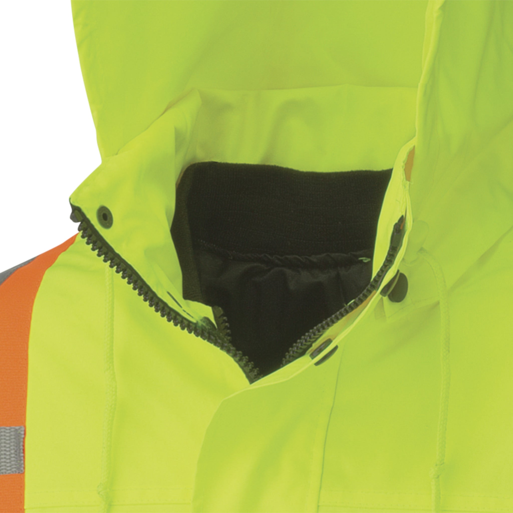 Hi vis winter work vest collar with insulated inner lining