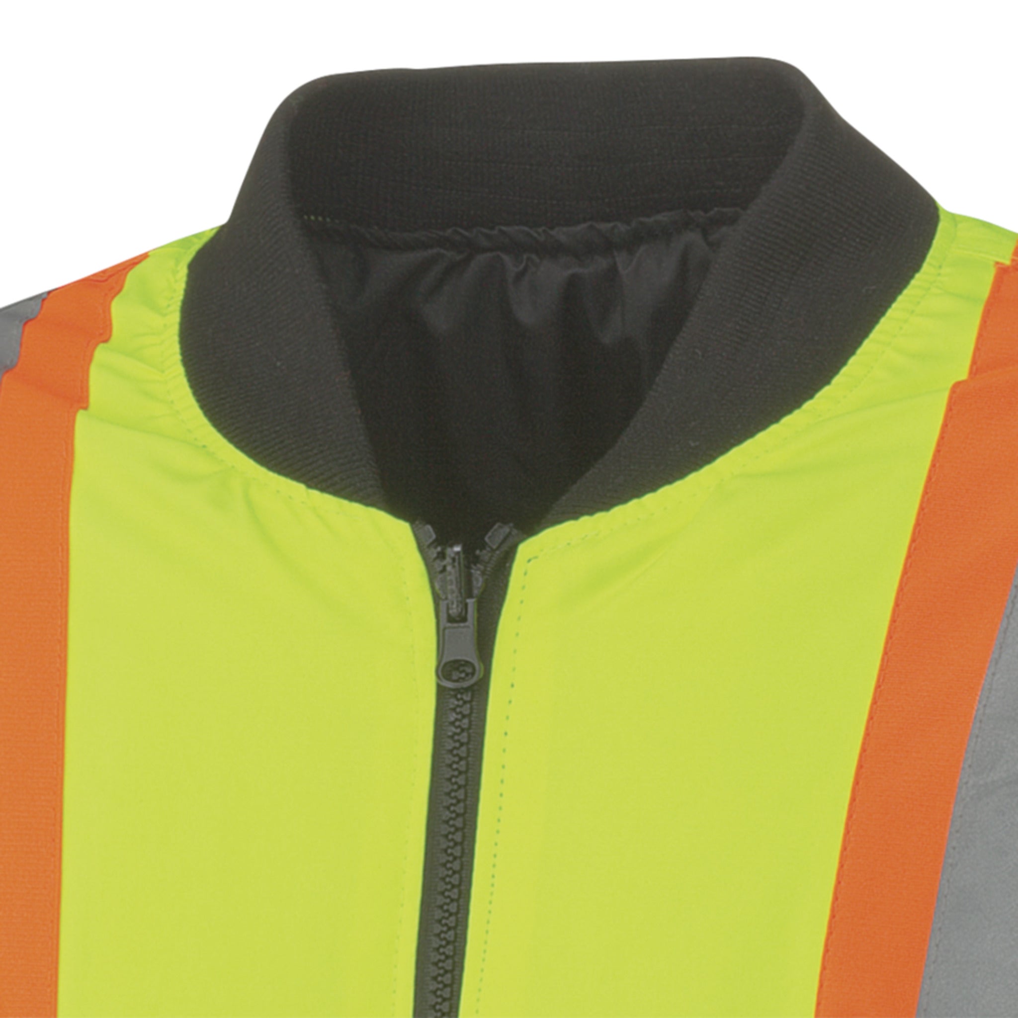 Hi vis winter work vest collar with insulated lining and front zipper