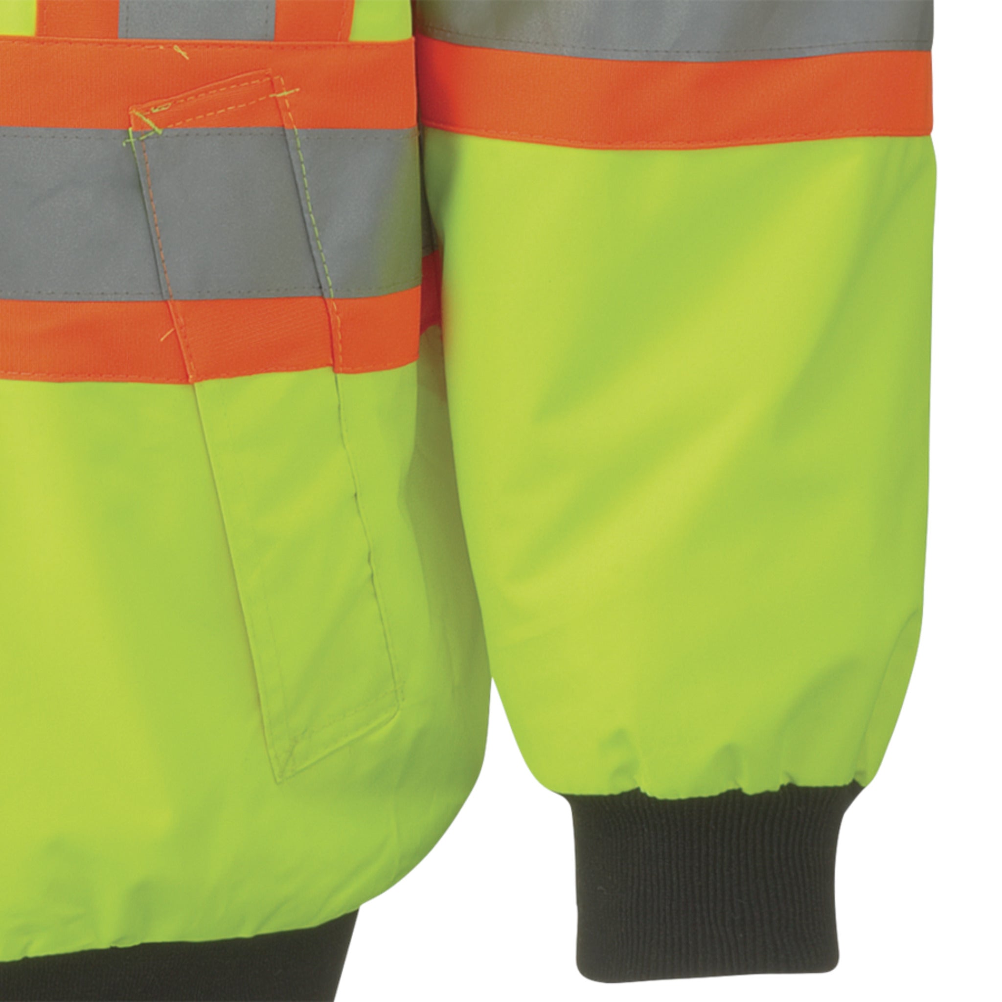 Hi vis winter work vest bottom hem with elastic and reflective striping
