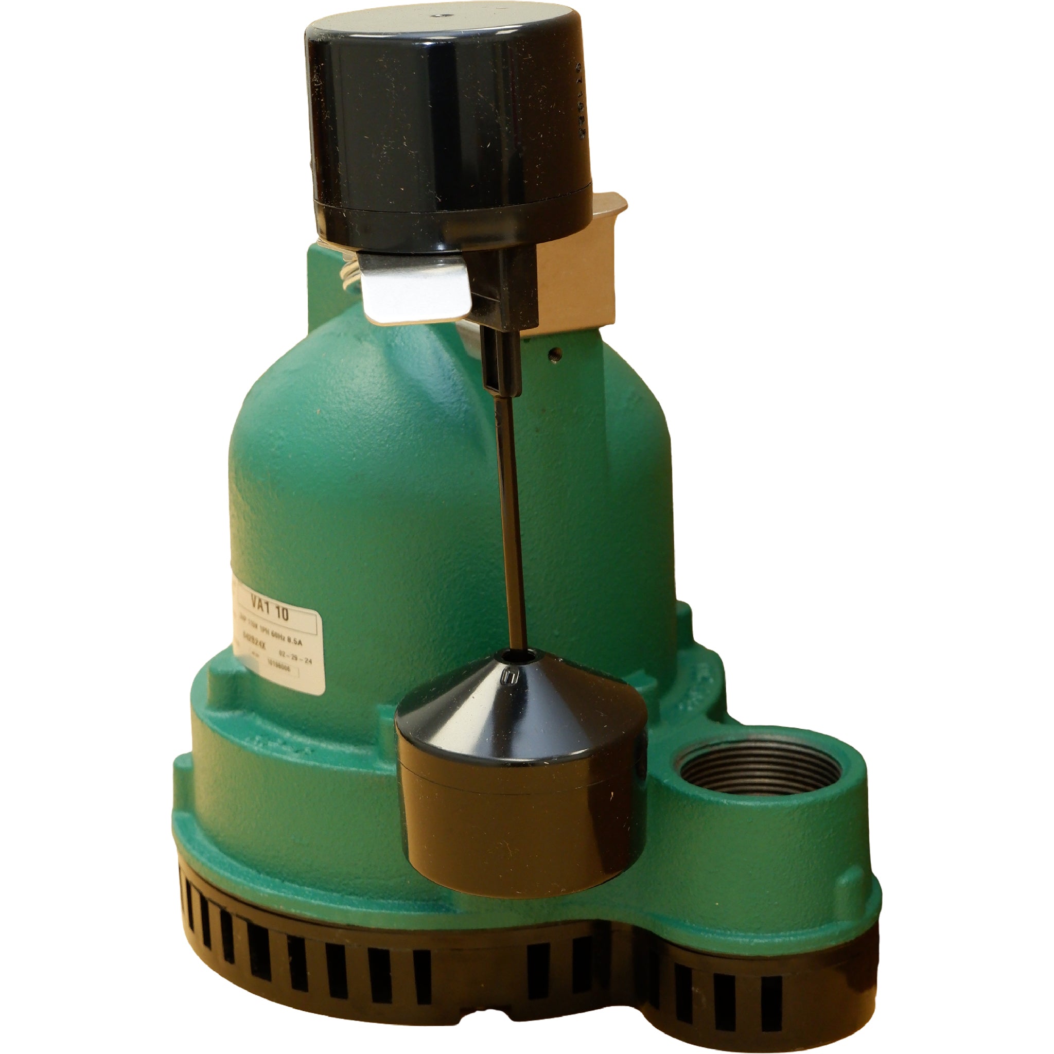 Back view of Hydromatic VA1-10 sump pump showing motor housing and vertical float switch assembly