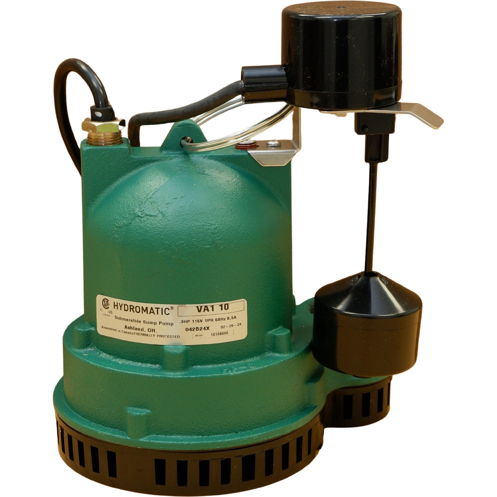 Hydromatic VA1-10 cast iron sump pump side angle – durable design with vertical float switch