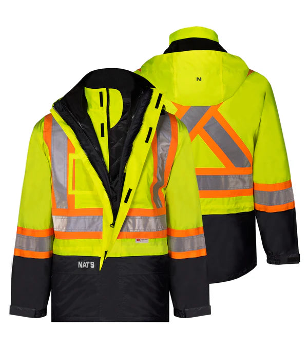 Nats NT4009 4-in-1 Waterproof Hi-Vis Parka – Durable 300D Oxford Shell with Quilted Insulation, 3M Reflective Tape & All-Season Protection | Sizes XS-5XL