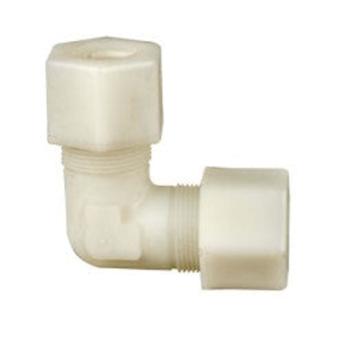 Jaco Kynar PVDF compression tube union elbow, 90-degree fitting with a compression nut on each end