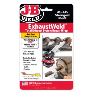 JB Weld ExhaustWeld Fiberglass Repair Wrap - High-Temperature Exhaust System Repair Kit, 1100ºF Resistant, Includes Gloves and Aluminum Tape, 2" x 72"