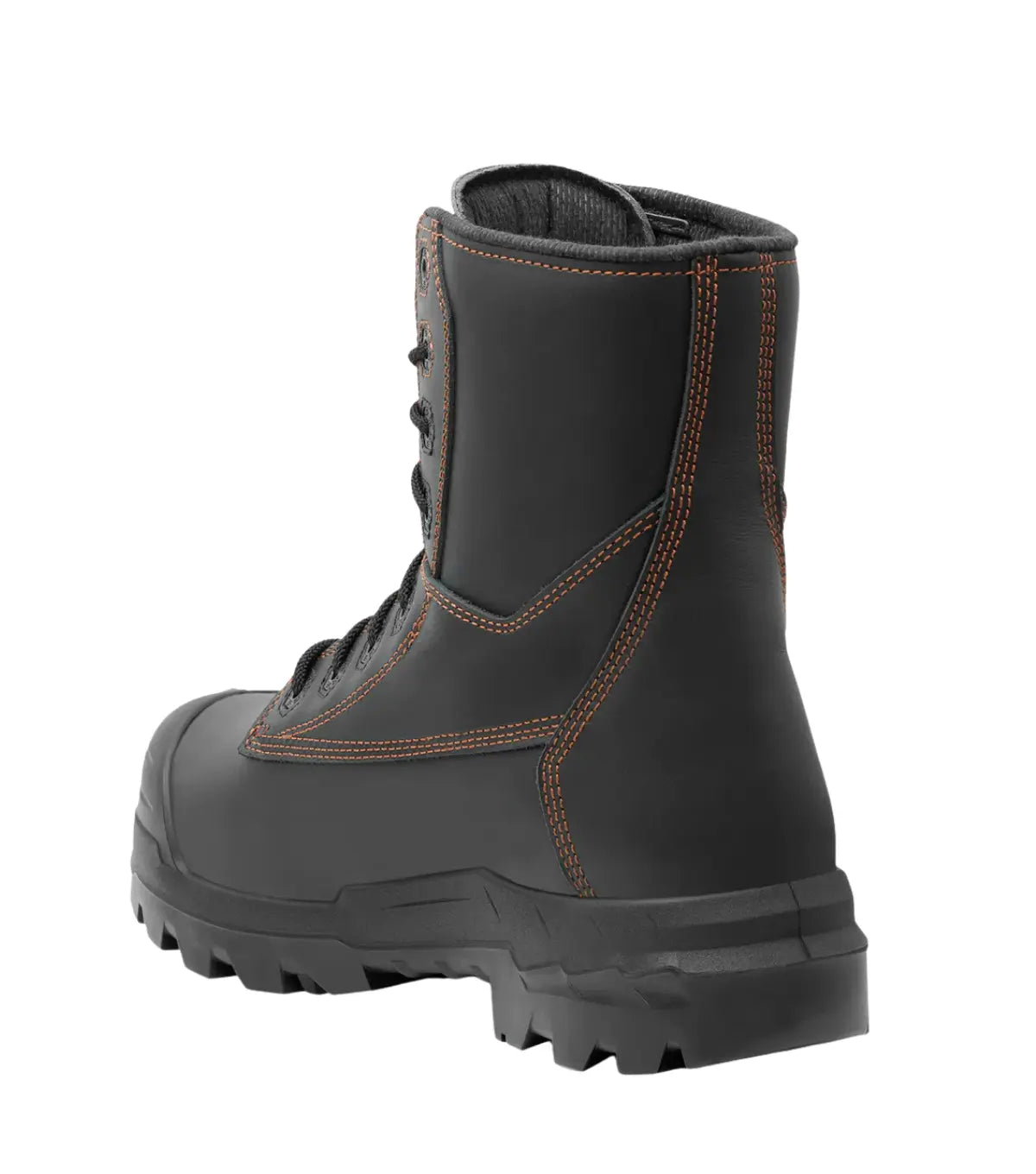 Rear angle view of Metpro Flex black leather work boot stitching