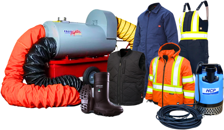 Winter work gear including a heater, insulated clothing, work boots and a water pump