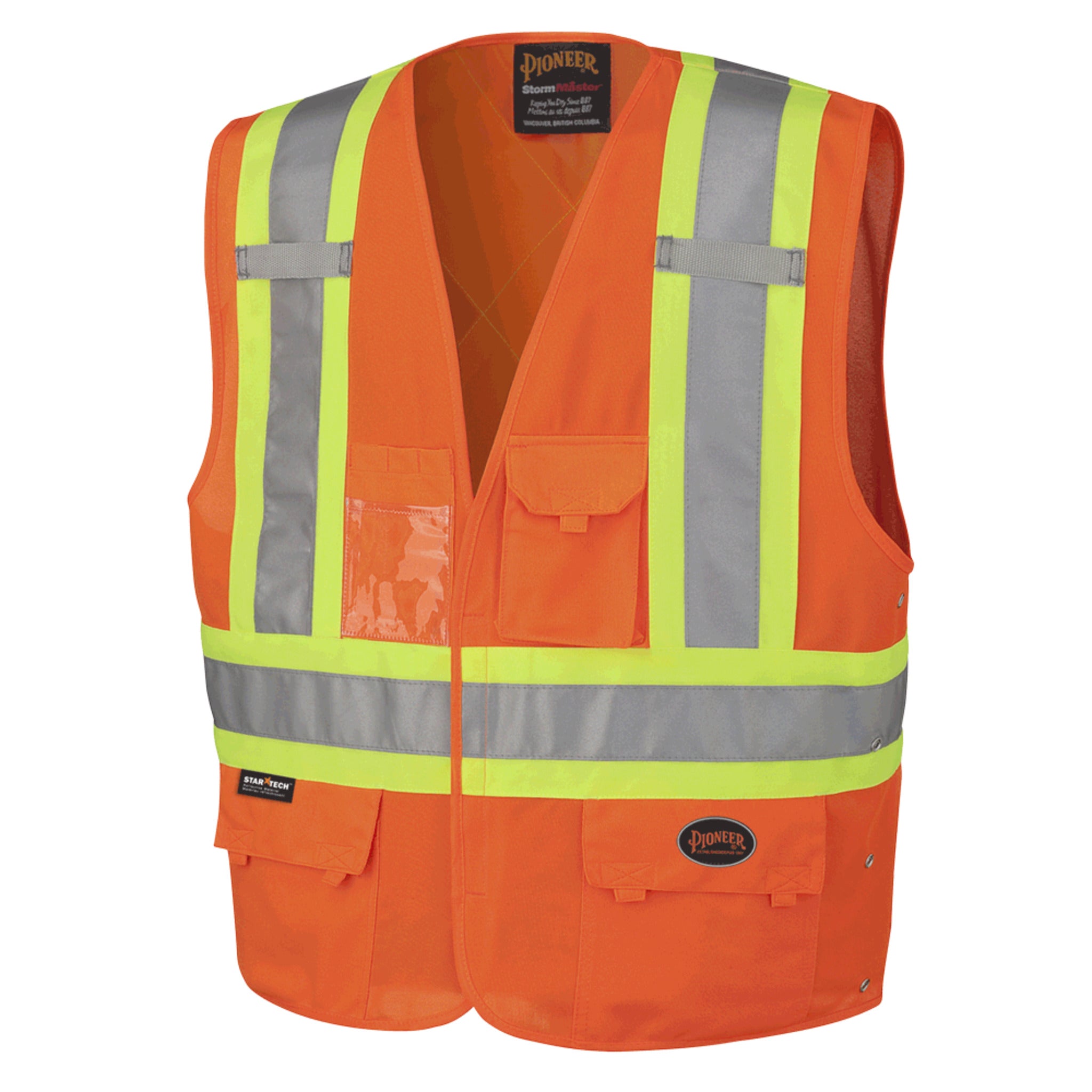 orange hi-vis safety vest with reflective tape and pockets