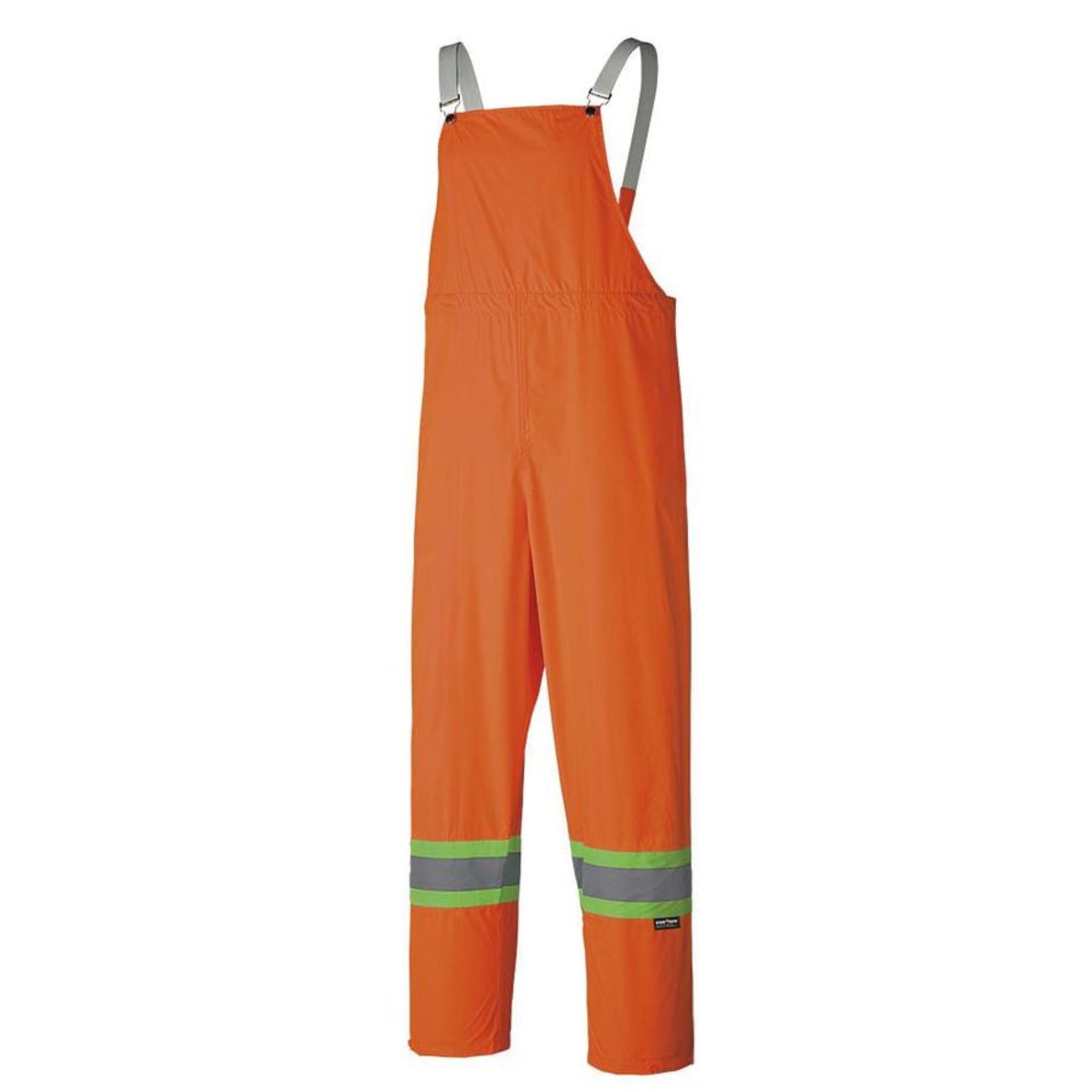 Orange hi-vis rain bib pants with reflective stripes