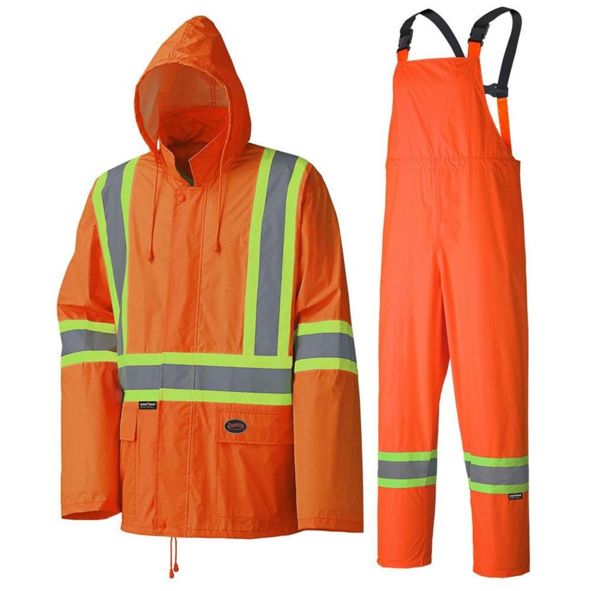 Orange hi-vis rain suit with reflective stripes