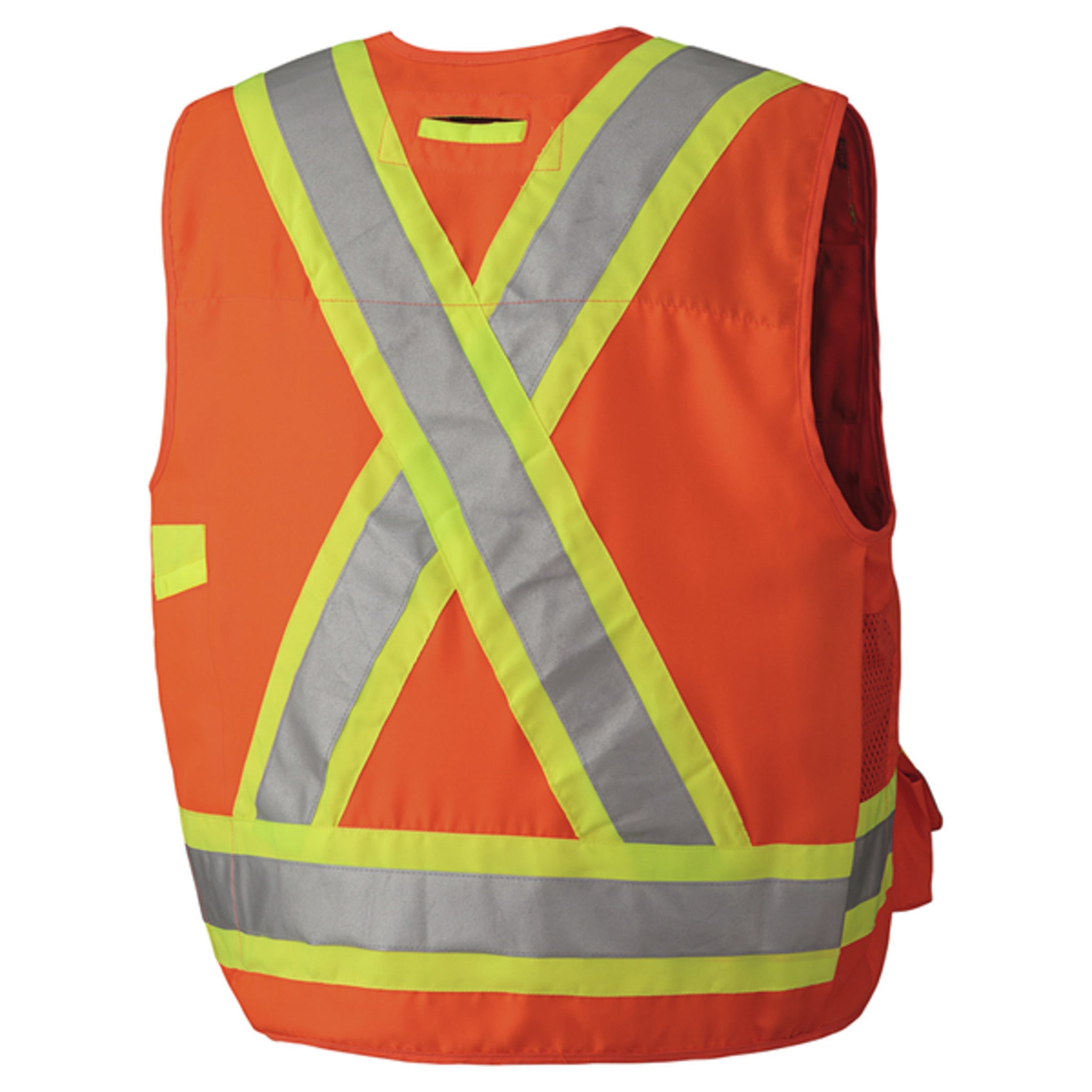 Back view of Pioneer 6693 Hi-Vis Orange Surveyor Vest featuring X-back reflective striping for superior visibility.