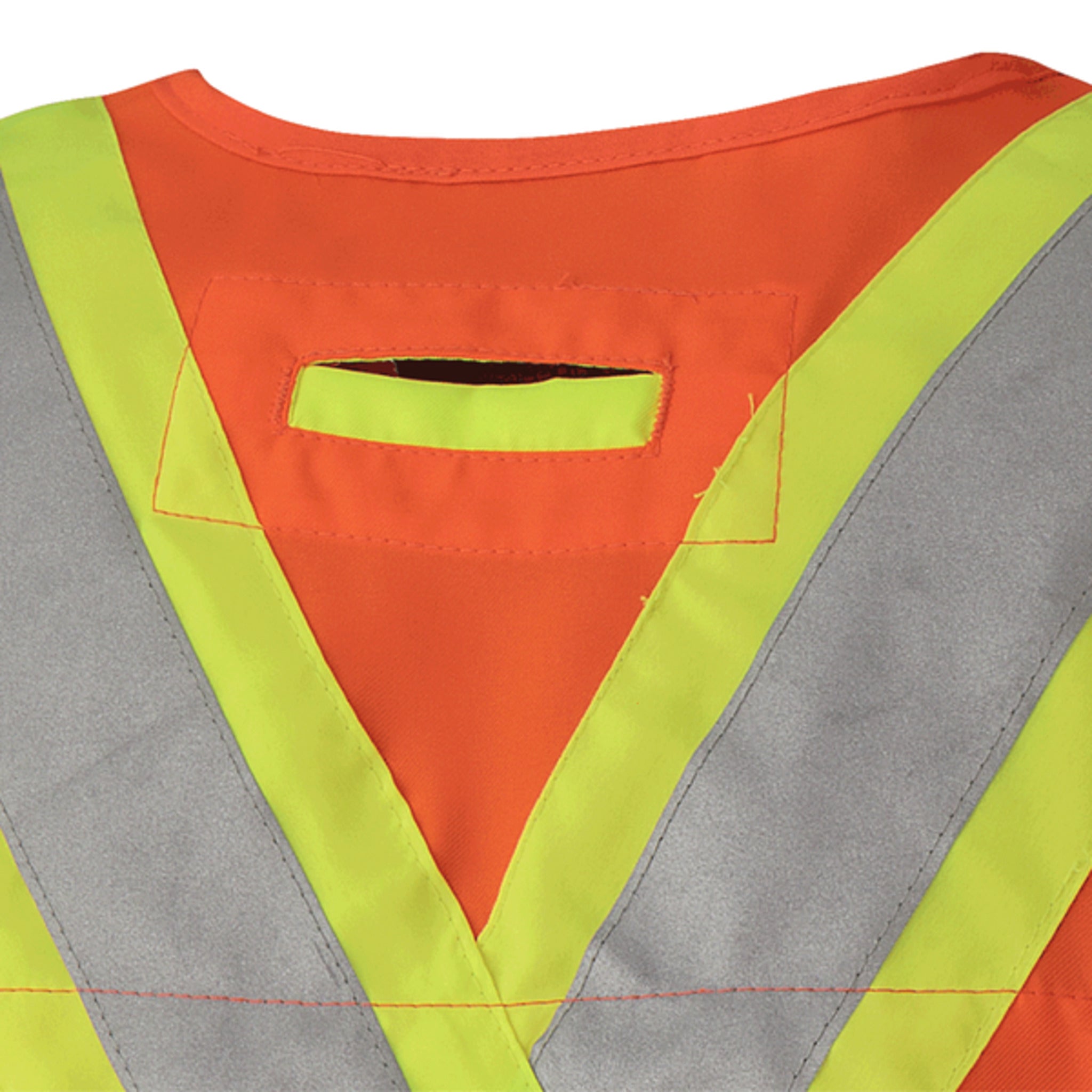 Pioneer 6693 Orange High Visibility Surveyor’s Safety Vest showing D-ring access slot and StarTech reflective X-back design.
