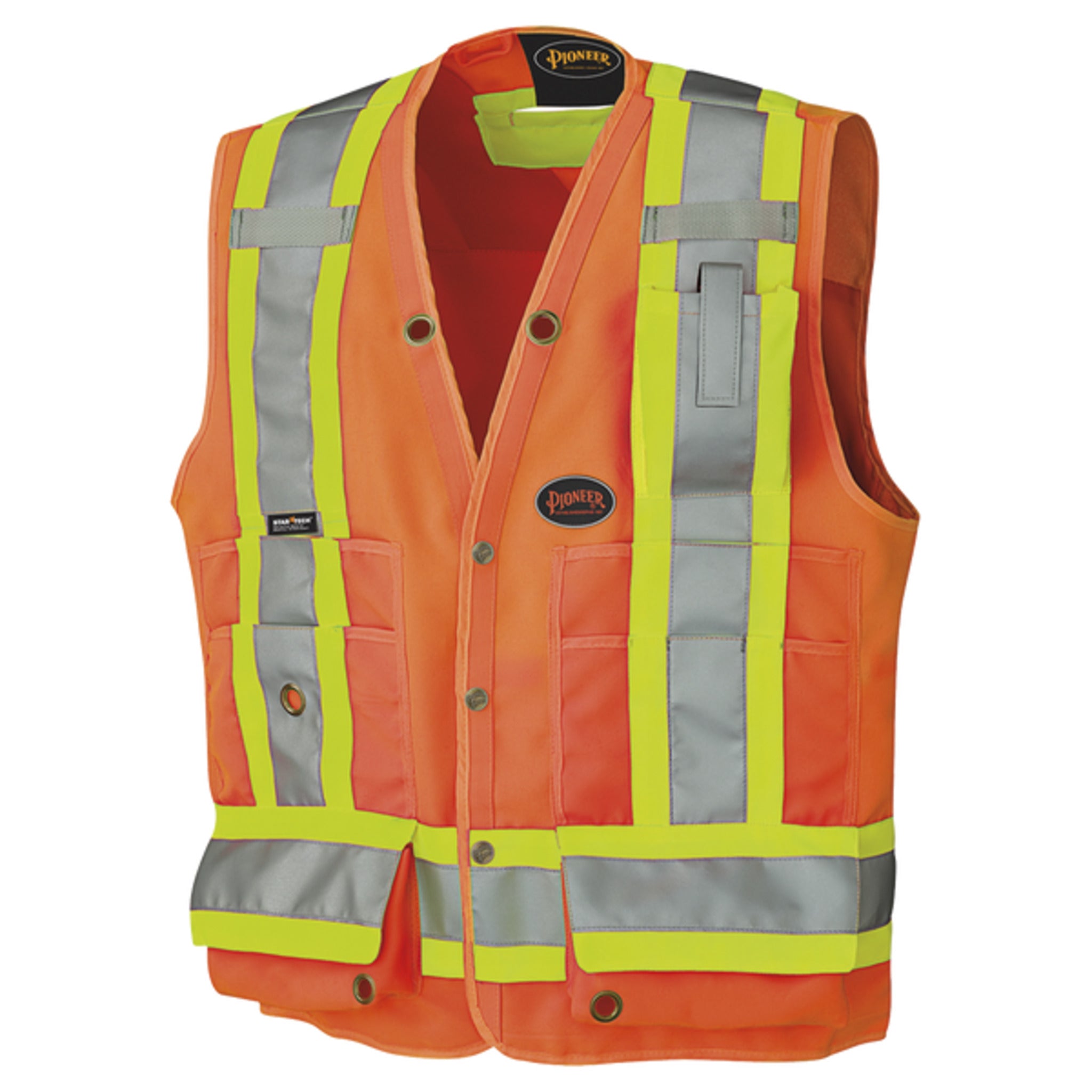 Pioneer 6693 Hi-Vis Orange Safety Surveyor Vest with StarTech reflective tape and multi-pocket design for industrial safety.