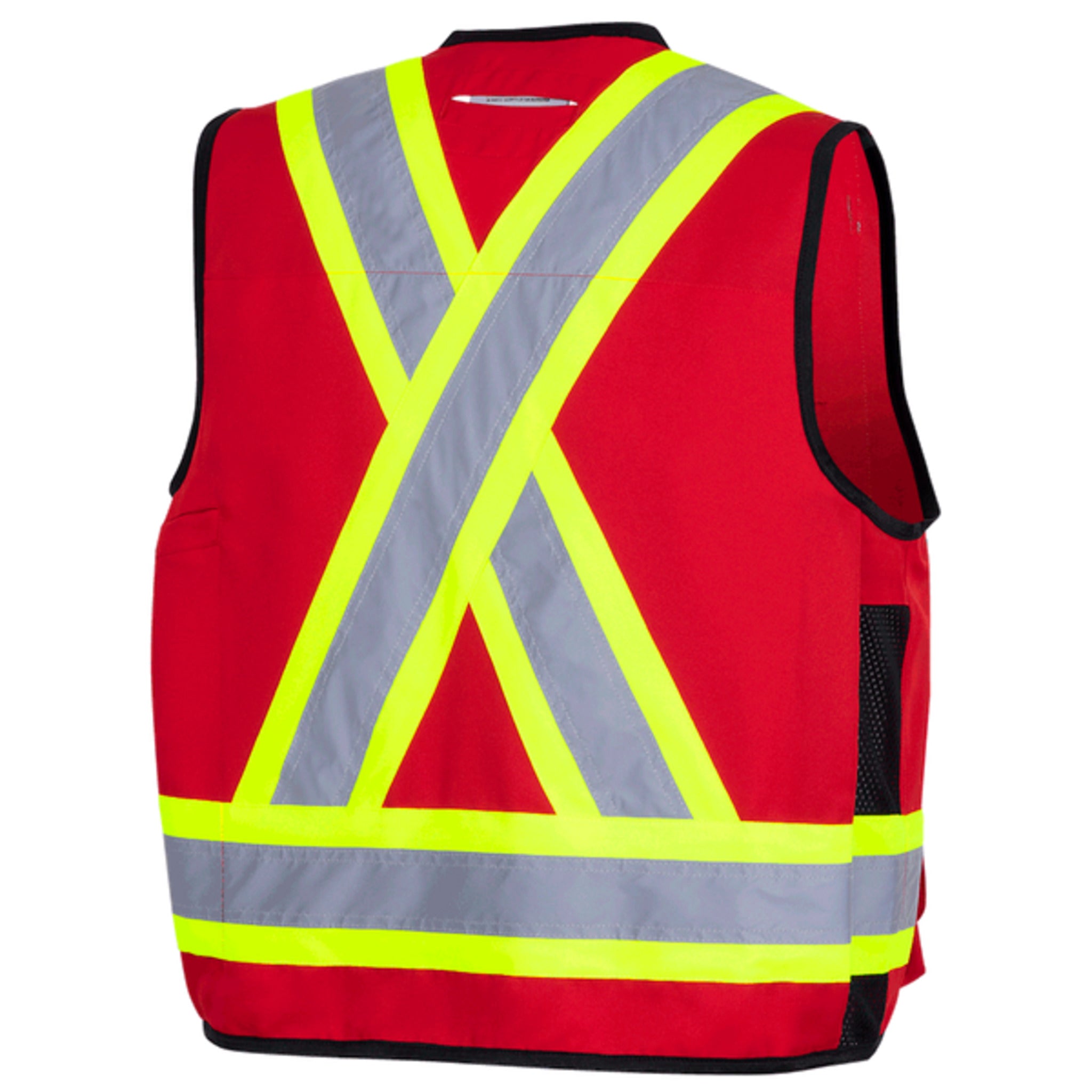 Back view of Pioneer Hi-Vis Red 6693 Surveyor Vest showing reflective X-back design and high-visibility StarTech reflective tape.