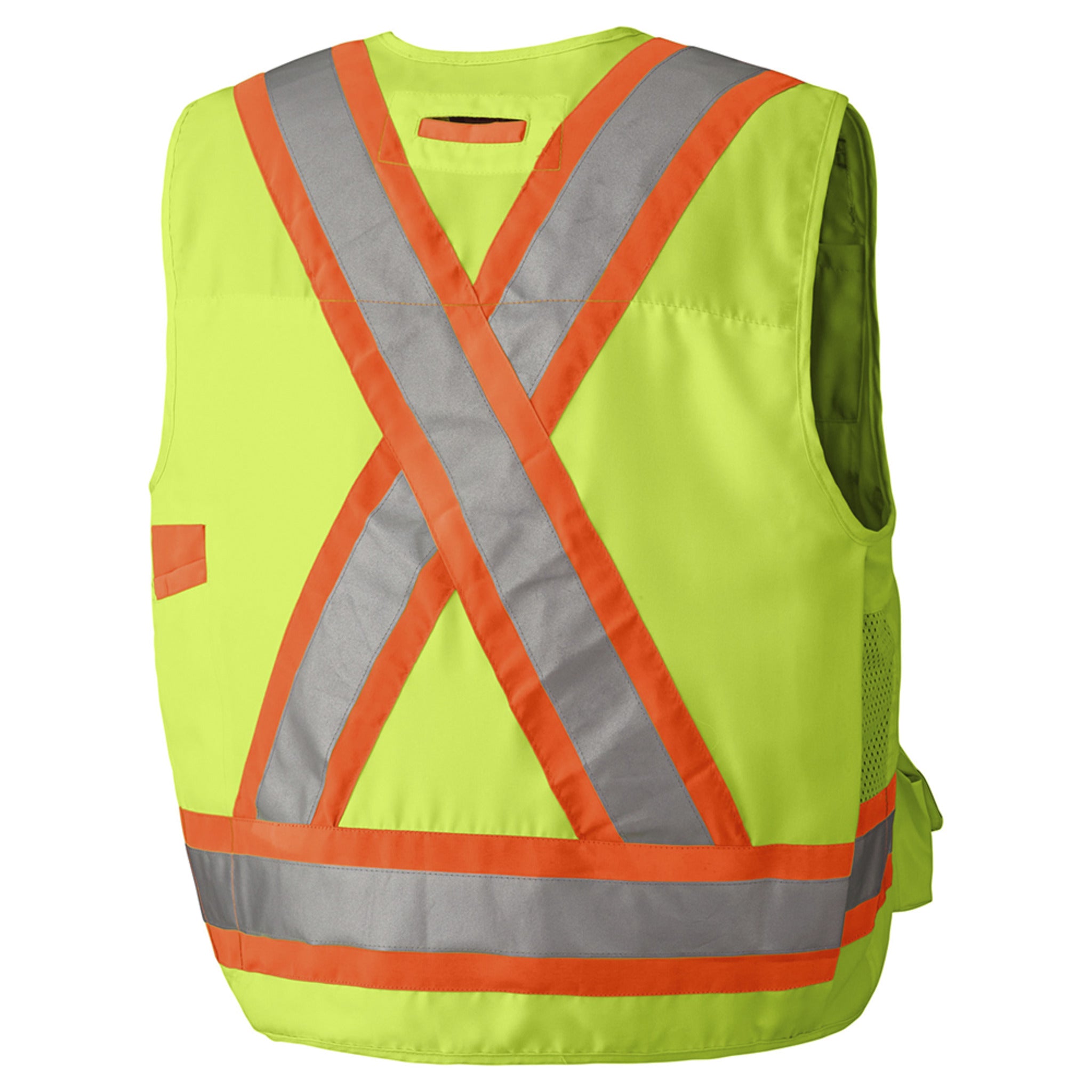 Back view of Pioneer 6693 Hi-Vis Yellow Safety Vest showing X-back StarTech reflective striping for high visibility.