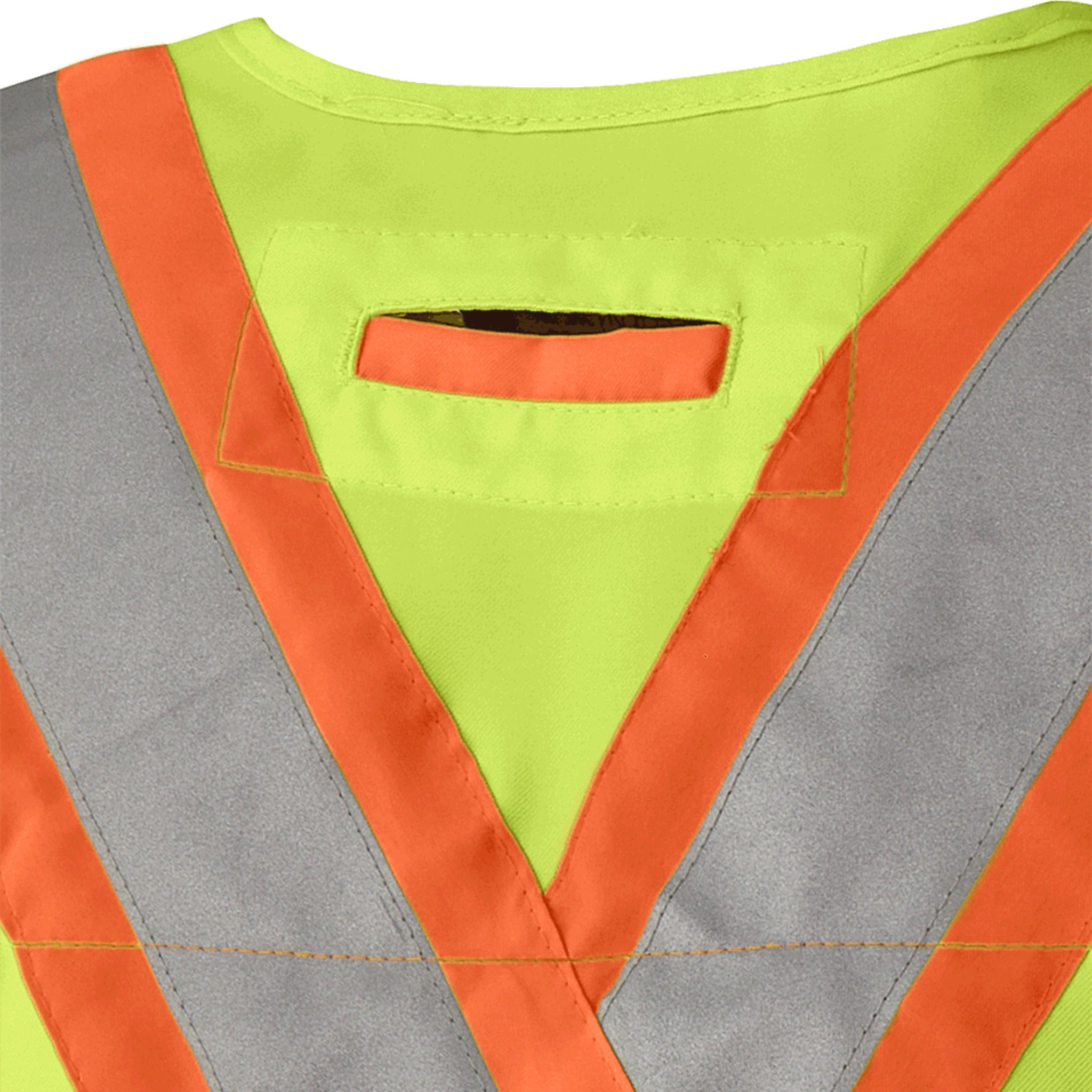 Pioneer 6693 Yellow Hi-Vis Surveyor Vest with D-ring access slot and reflective shoulder detailing.