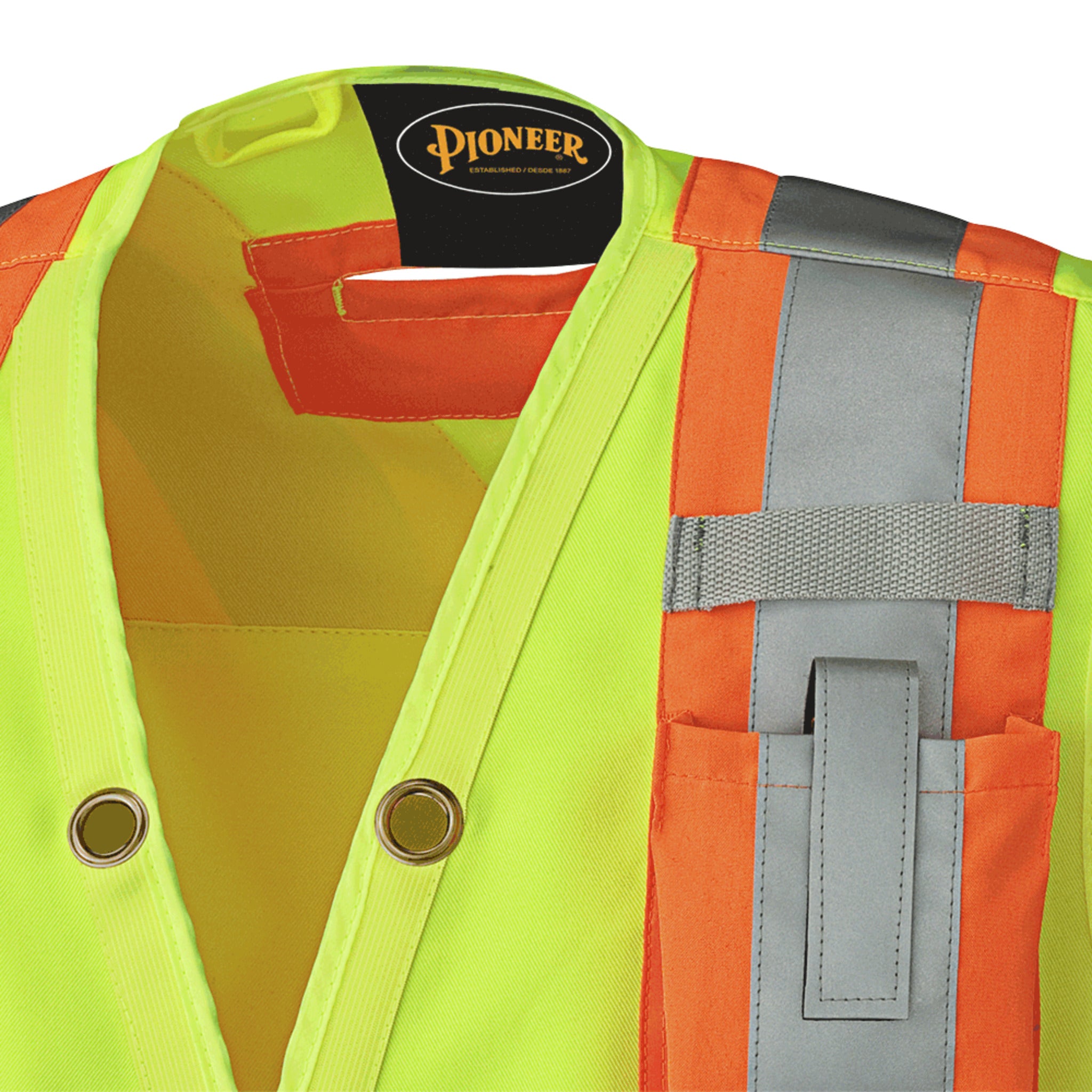 Close-up of Pioneer 6693 Hi-Vis Yellow Surveyor Vest front pocket, StarTech reflective tape, and Pioneer logo.
