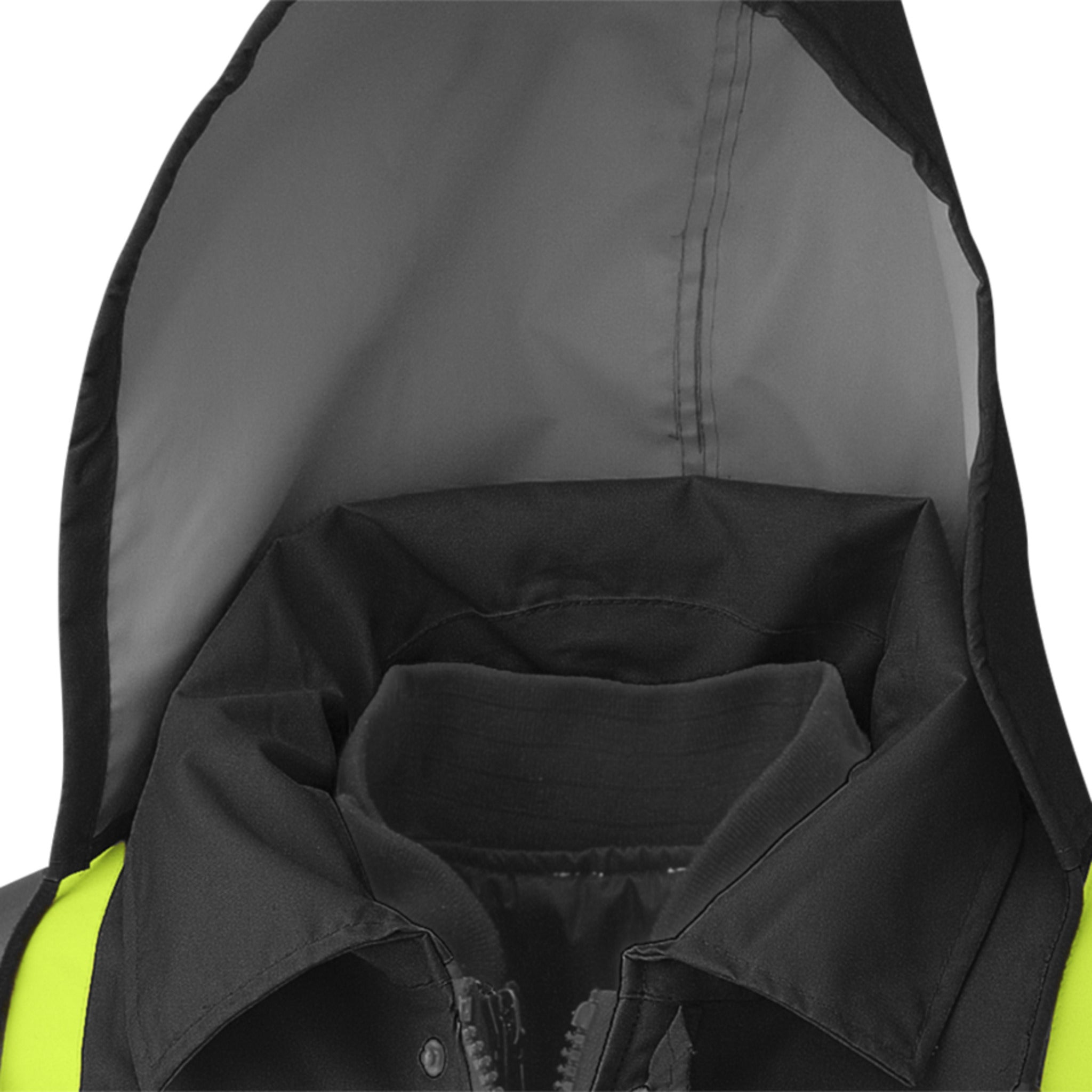 Black safety jacket hood and collar detail close-up