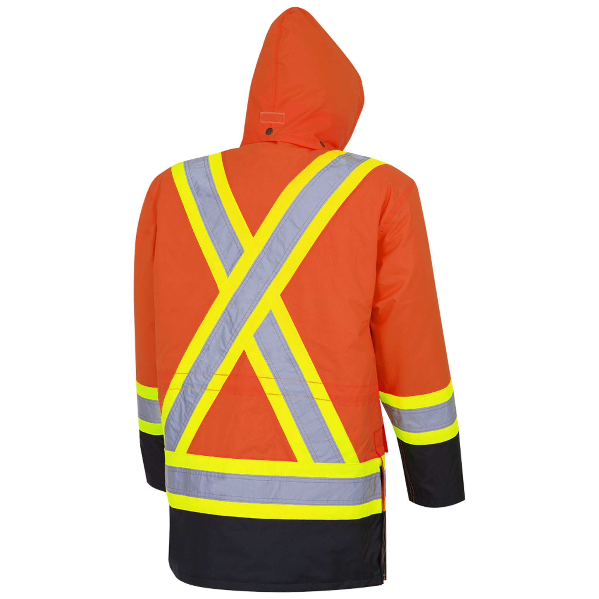 Pioneer orange hi-vis winter safety parka back view