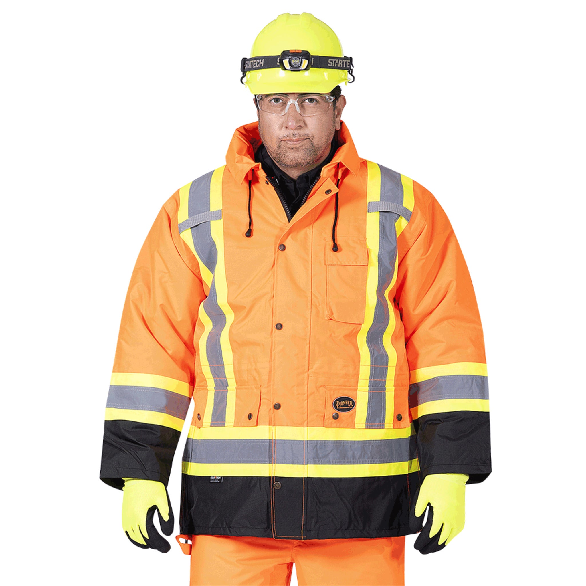 Worker wearing Pioneer orange hi-vis winter safety parka