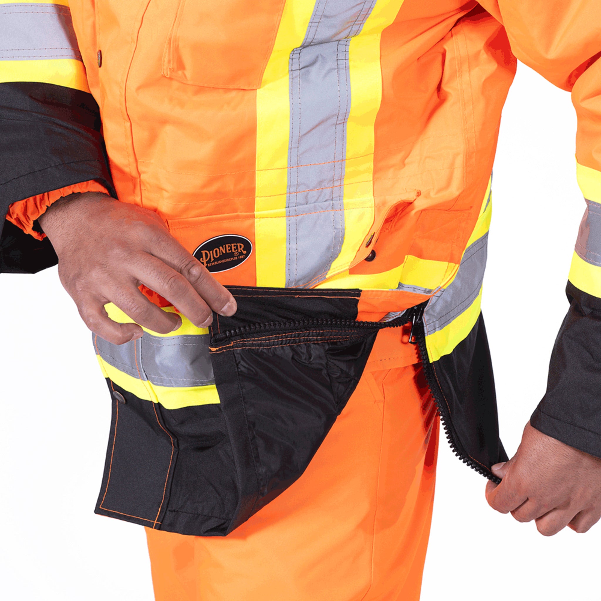 Pioneer orange hi-vis winter safety parka pocket detail
