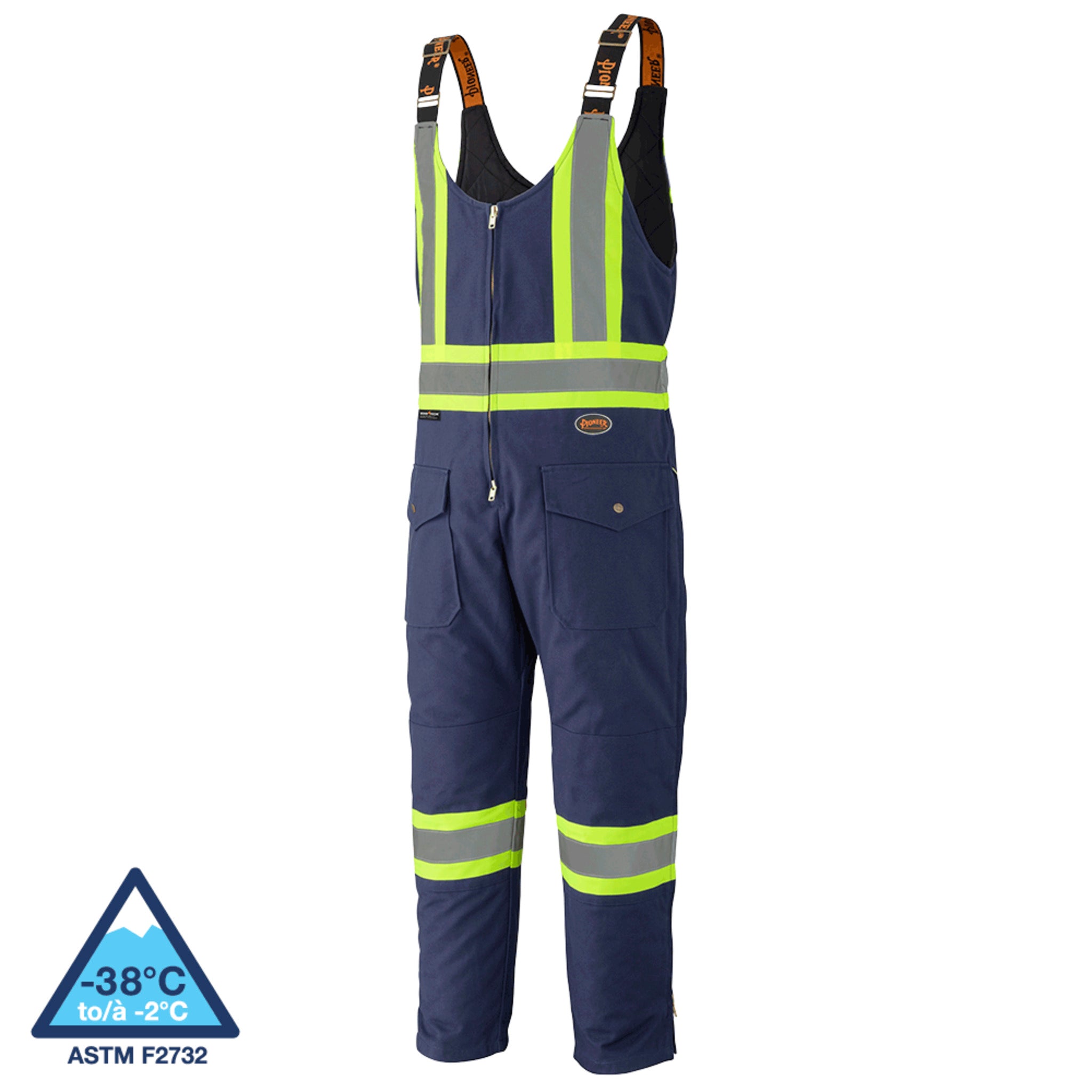 Pioneer men's navy hi vis insulated bib overalls reflective CSA