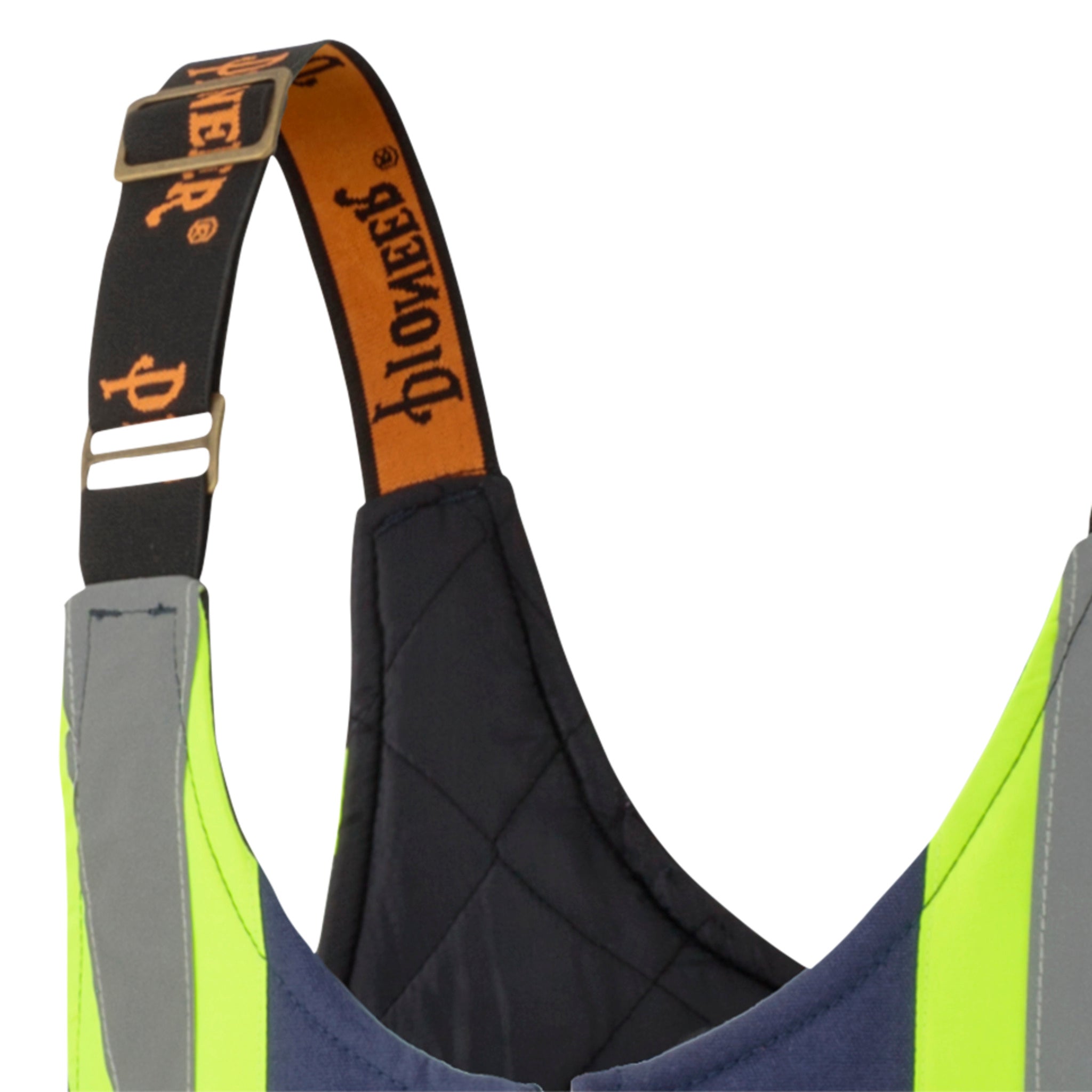Pioneer navy hi vis bib overalls adjustable strap reflective detail