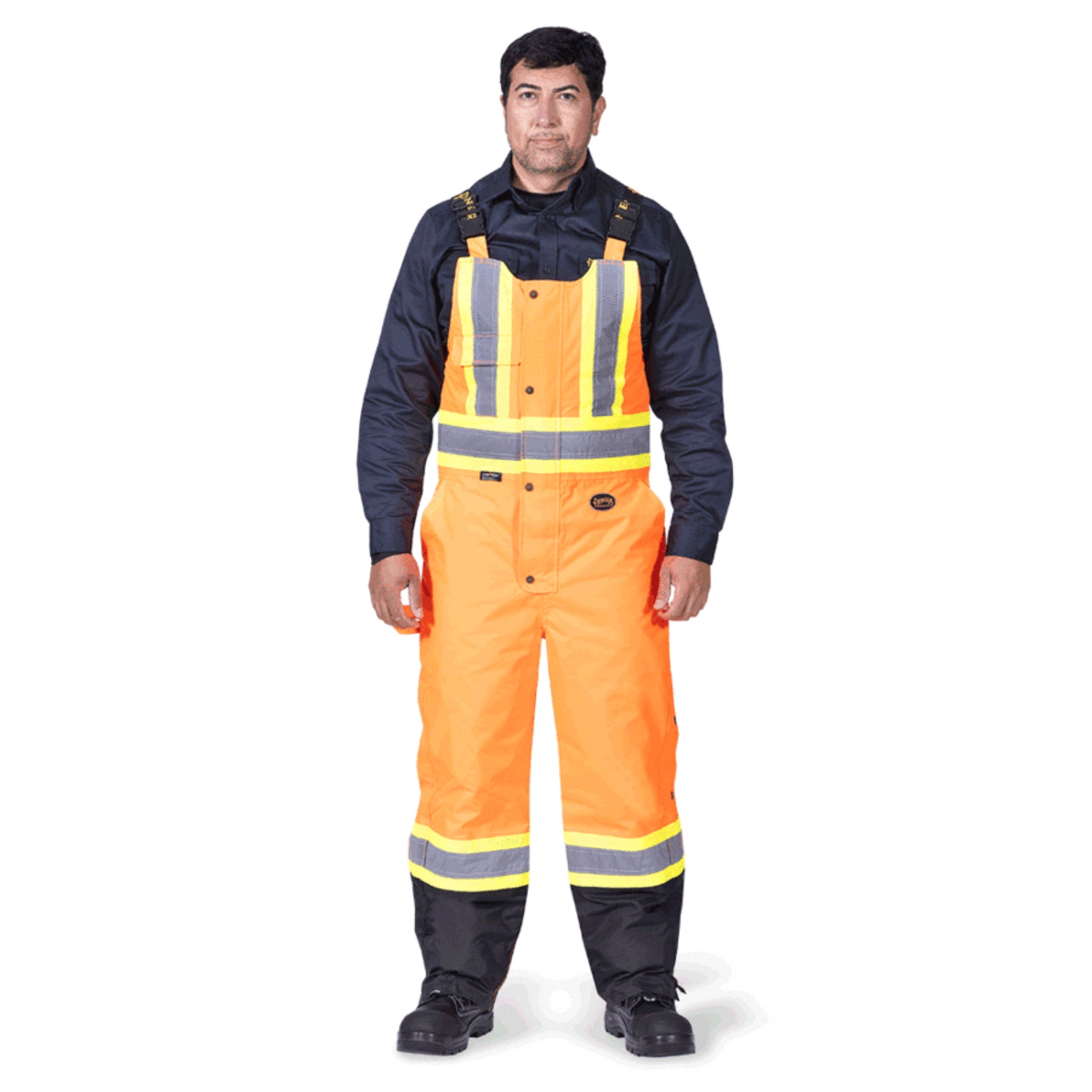Pioneer orange hi vis waterproof insulated bib overalls model front