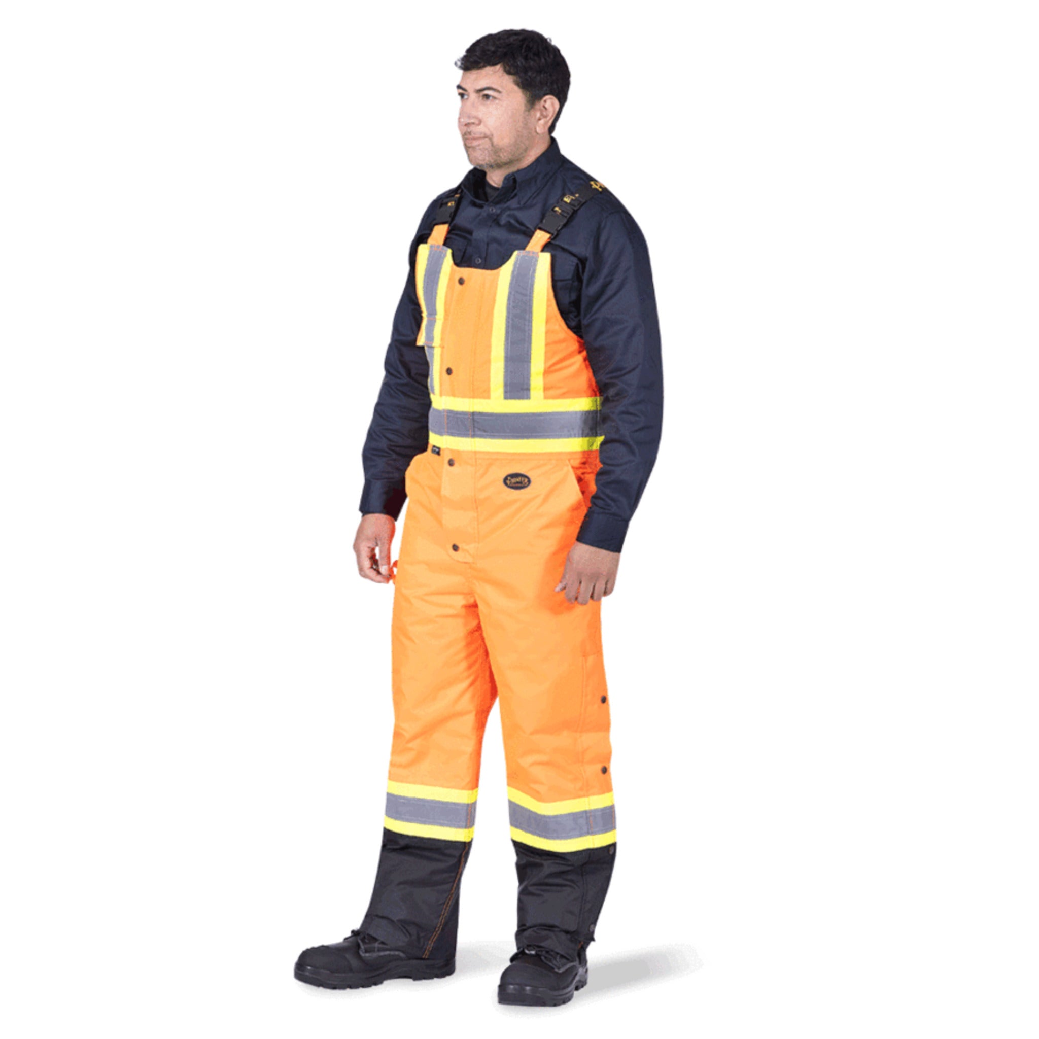 Pioneer orange hi vis waterproof insulated bib overalls model side