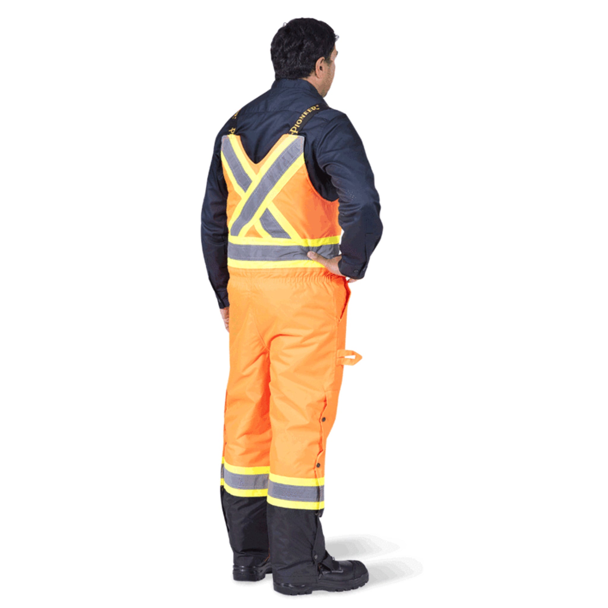Pioneer orange hi vis waterproof insulated bib overalls model back