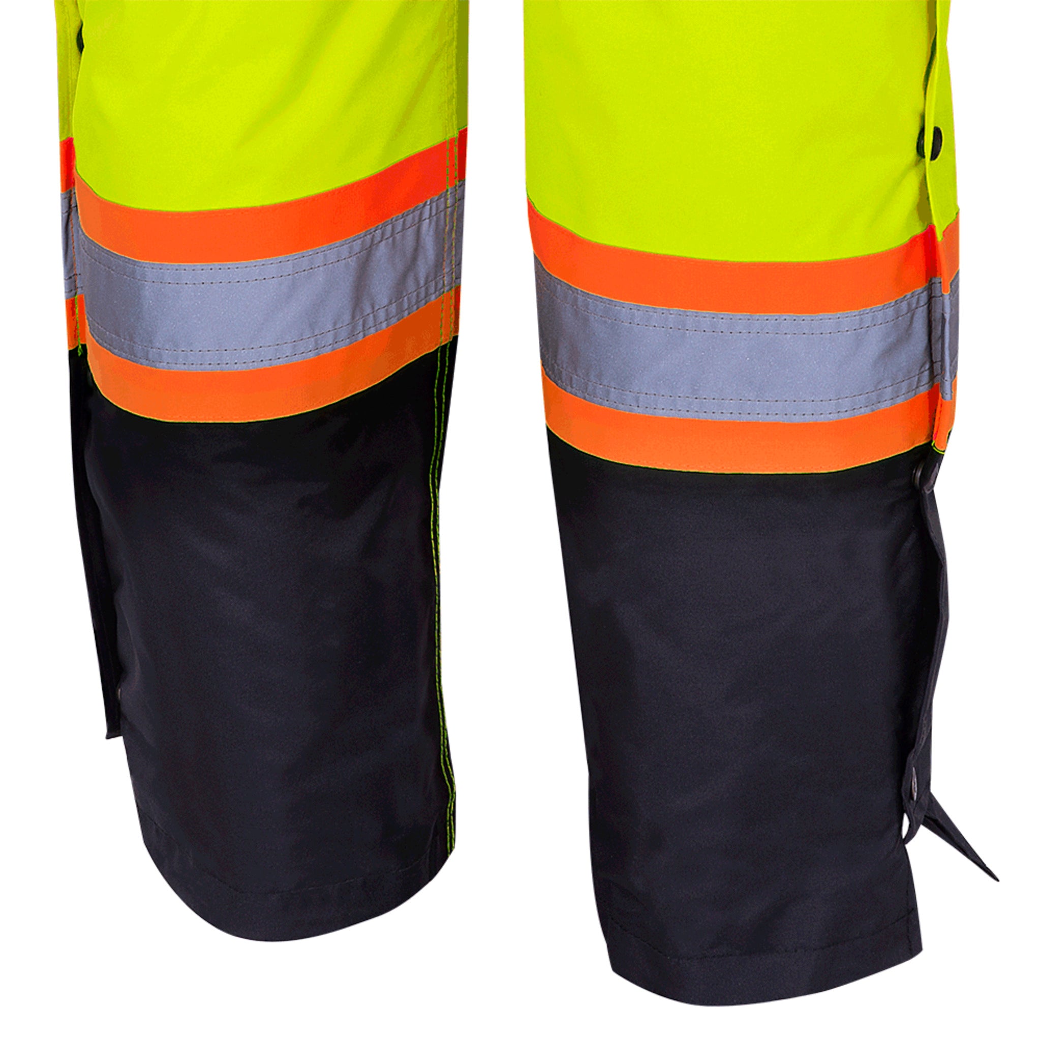 Pioneer yellow hi vis waterproof insulated bib overalls leg detail