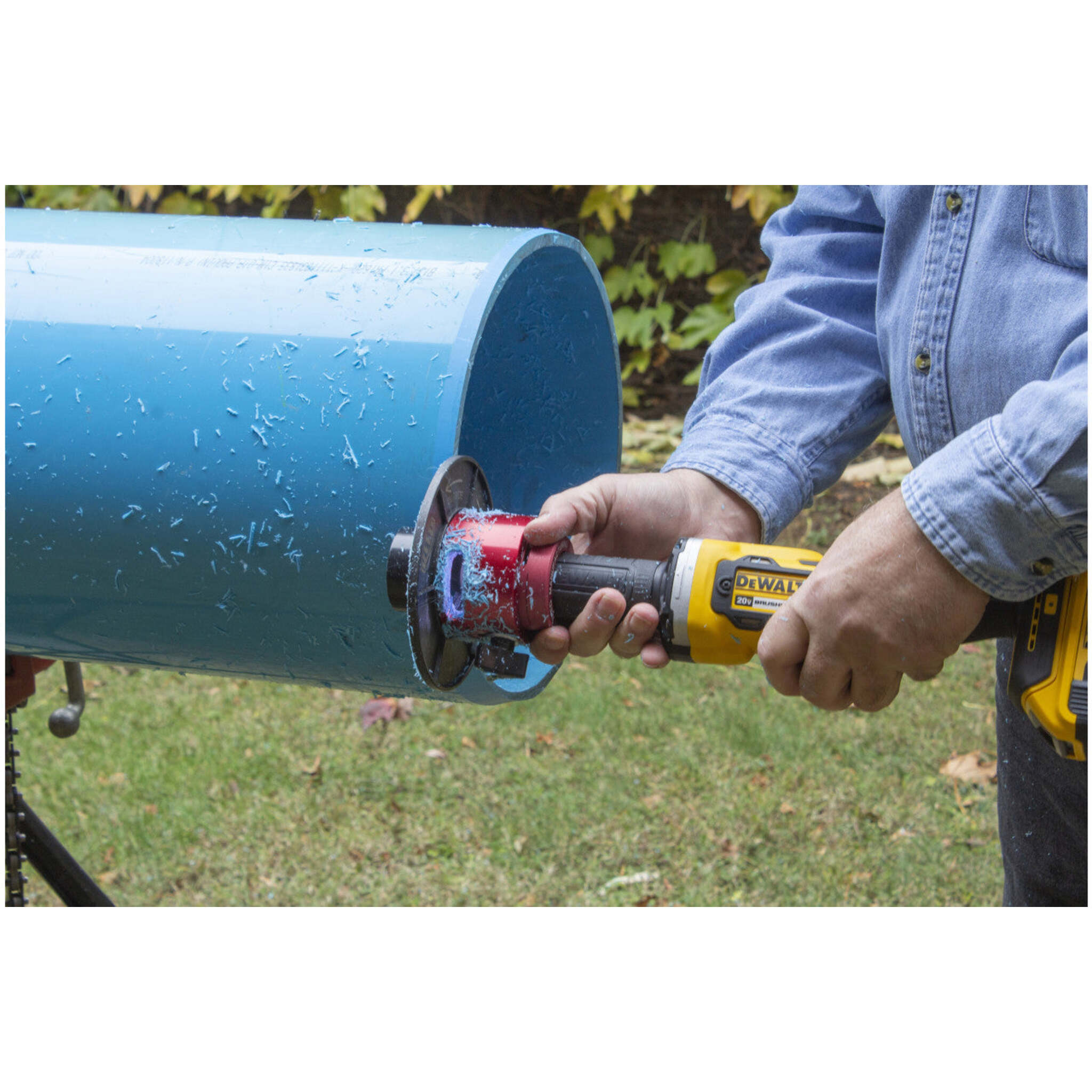 REED Bevel Boss cordless pipe beveler creating bevel on plastic pipe