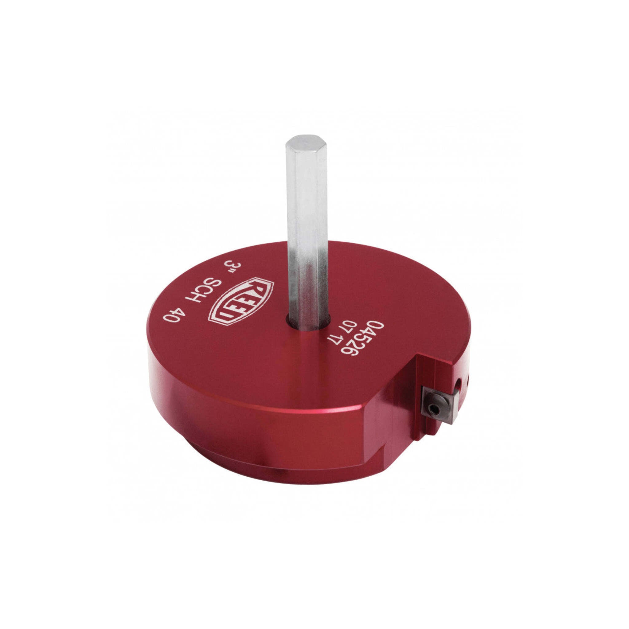 Top view of round red Reed pipe fitting reamer tool