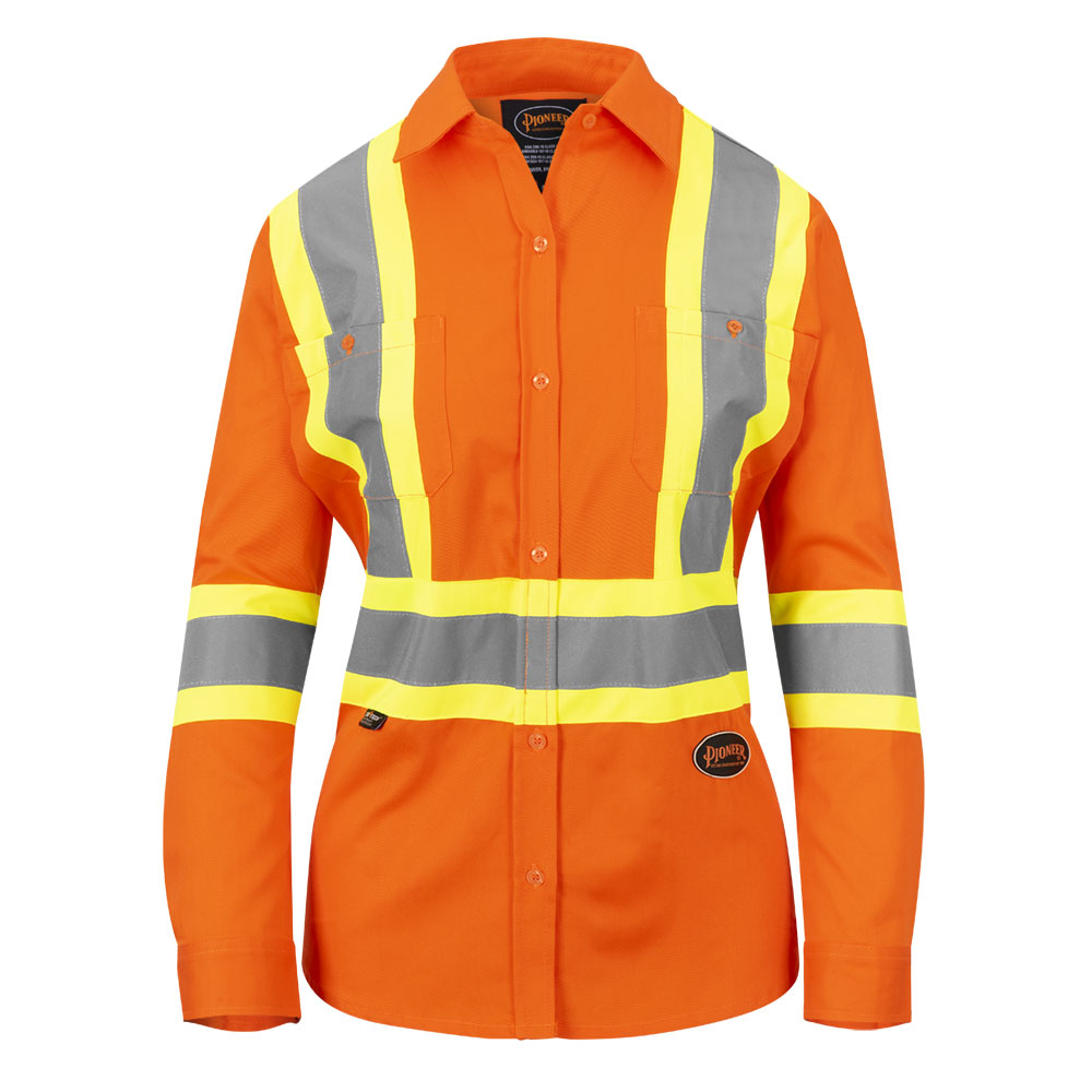 Pioneer Women's Hi-Vis Cotton Twill Long-Sleeved Safety Shirt, Button Closure, Reflective Tape – Enhanced Visibility & Comfort for Work | Sizes XS-4XL