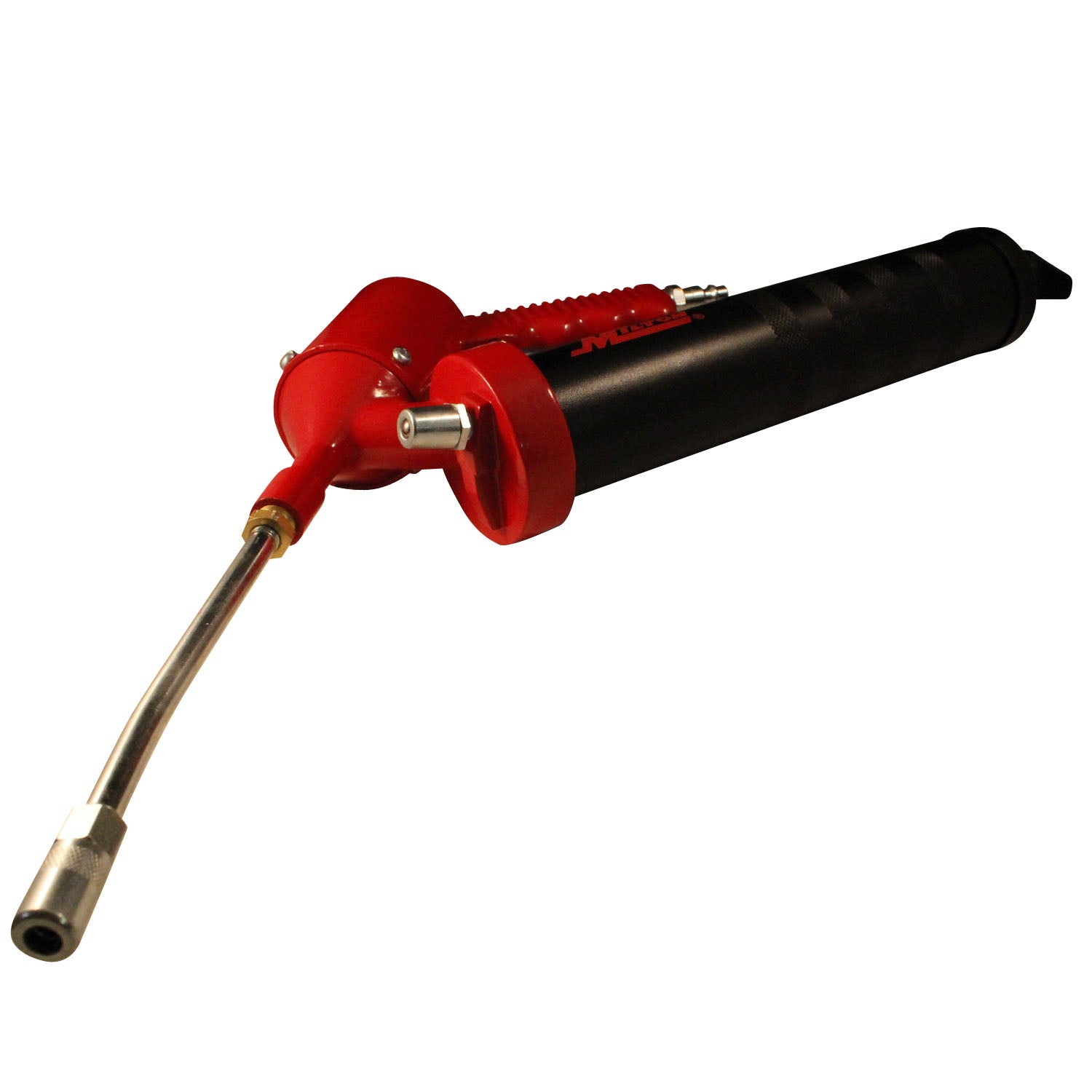 Milton Pneumatic Grease Gun with 4,800 PSI, Continuous Flow, Pistol Grip, and 6" Bent Steel Extension – Ideal for Tight Spaces and Efficient Lubing