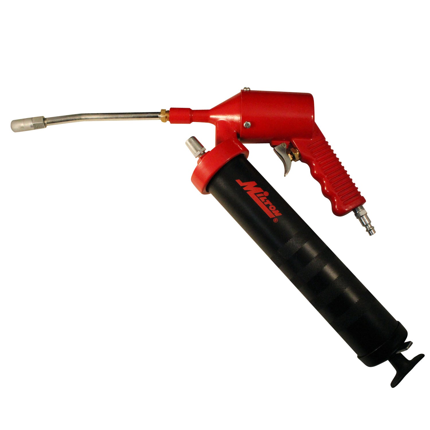 Milton Pneumatic Grease Gun with 4,800 PSI, Continuous Flow, Pistol Grip, and 6" Bent Steel Extension – Ideal for Tight Spaces and Efficient Lubing