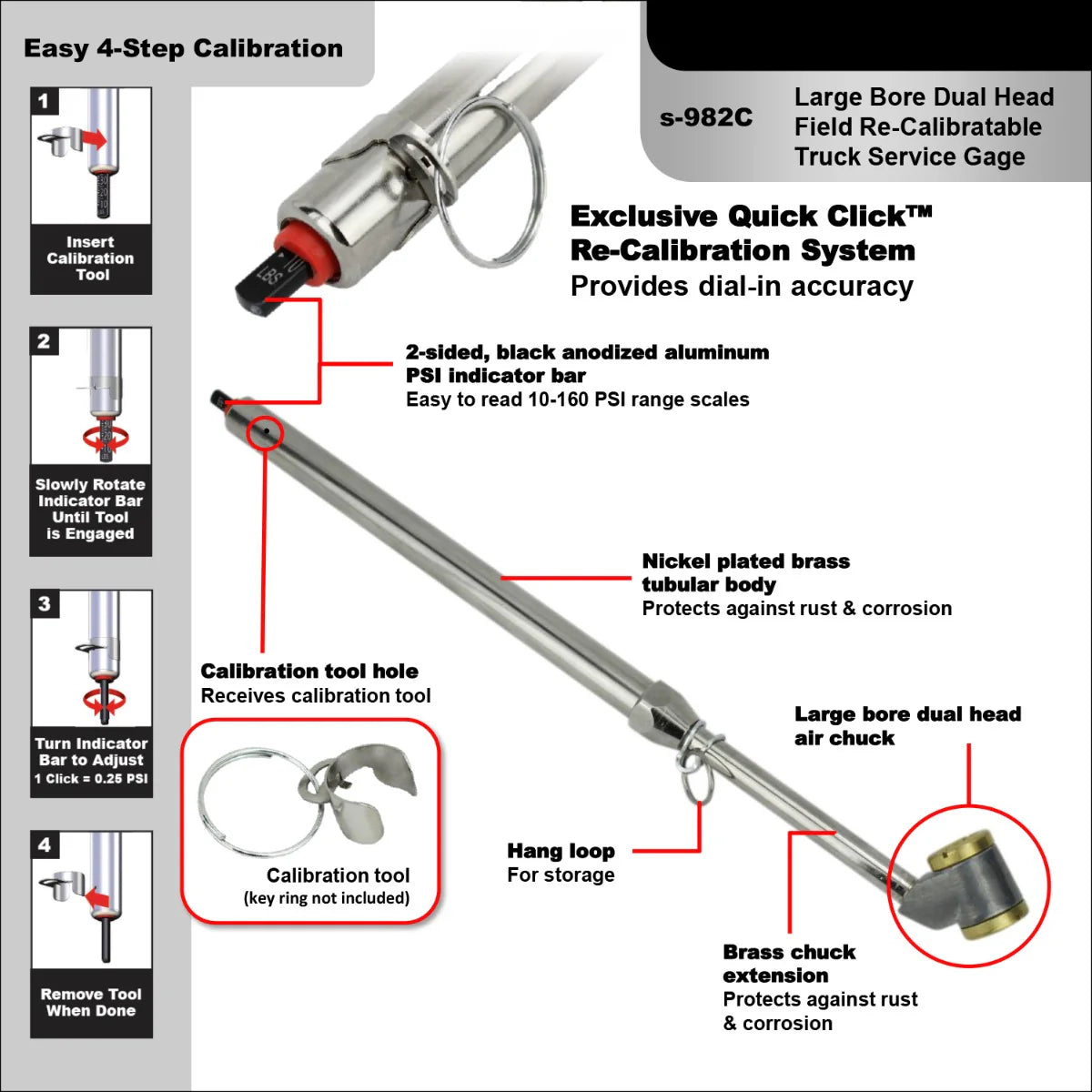 Milton Re-Calibratable Tire Pressure Service Gauges - 10-160 PSI, Quick Click Calibration, Heavy-Duty Brass, Dual Head, Laser Scale, ANSI Certified