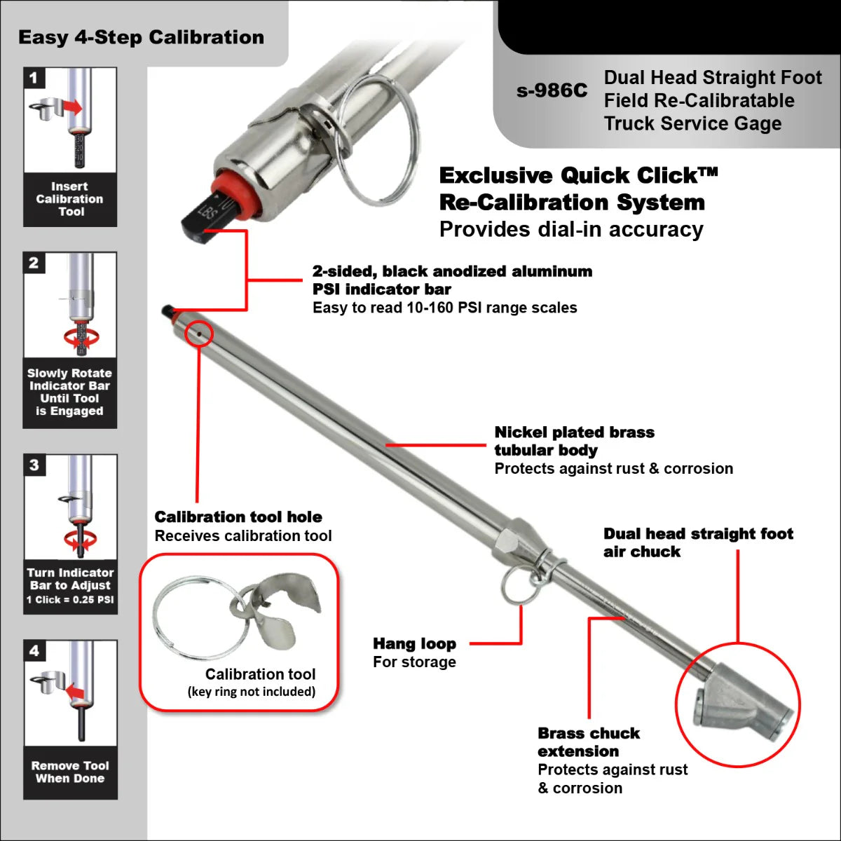 Milton Re-Calibratable Tire Pressure Service Gauges - 10-160 PSI, Quick Click Calibration, Heavy-Duty Brass, Dual Head, Laser Scale, ANSI Certified