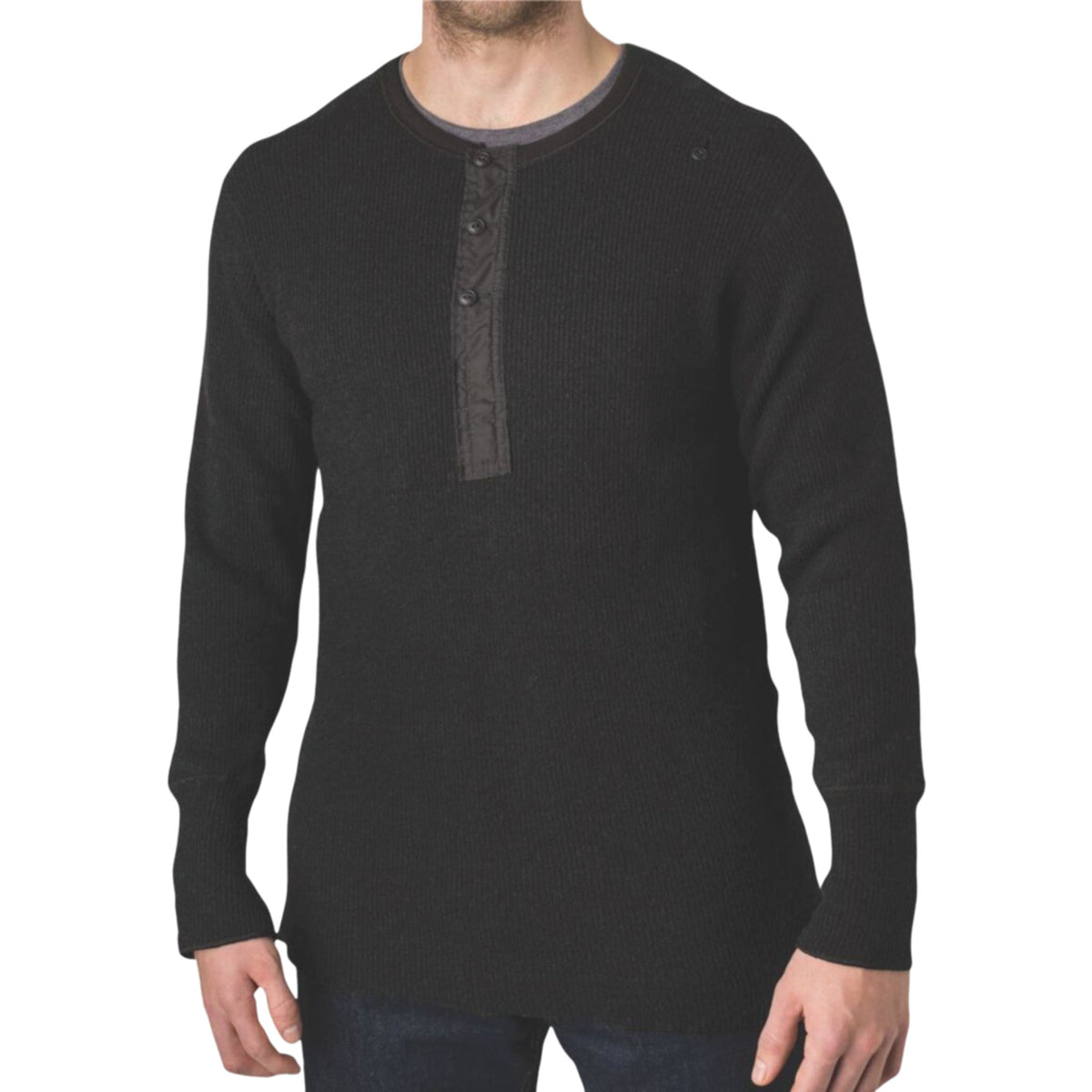 Close-up of Stanfield's 1328 heritage heavy weight wool henley in black showing the 3-button placket